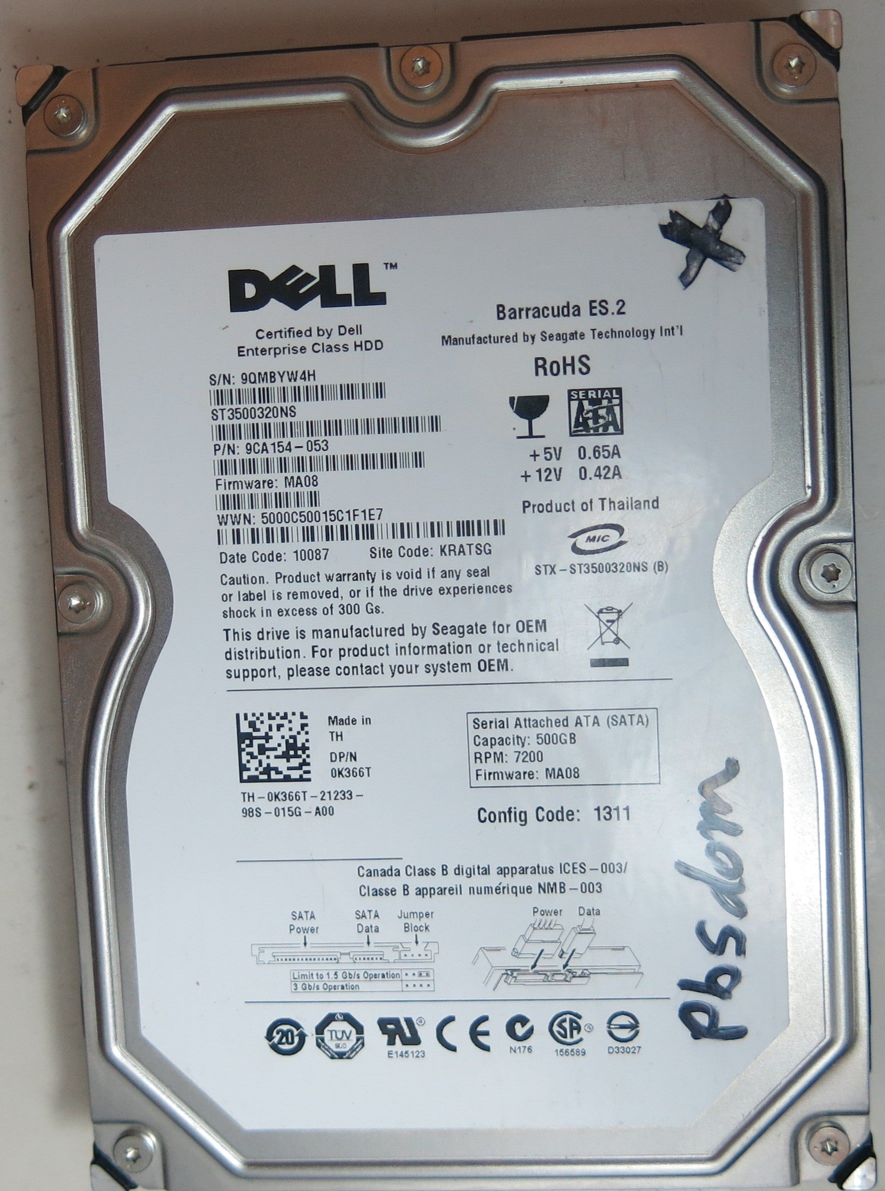 ST3500320NS,  SERIAL:9QMBYW4H,  500GB 3.5,     PCB:100475720