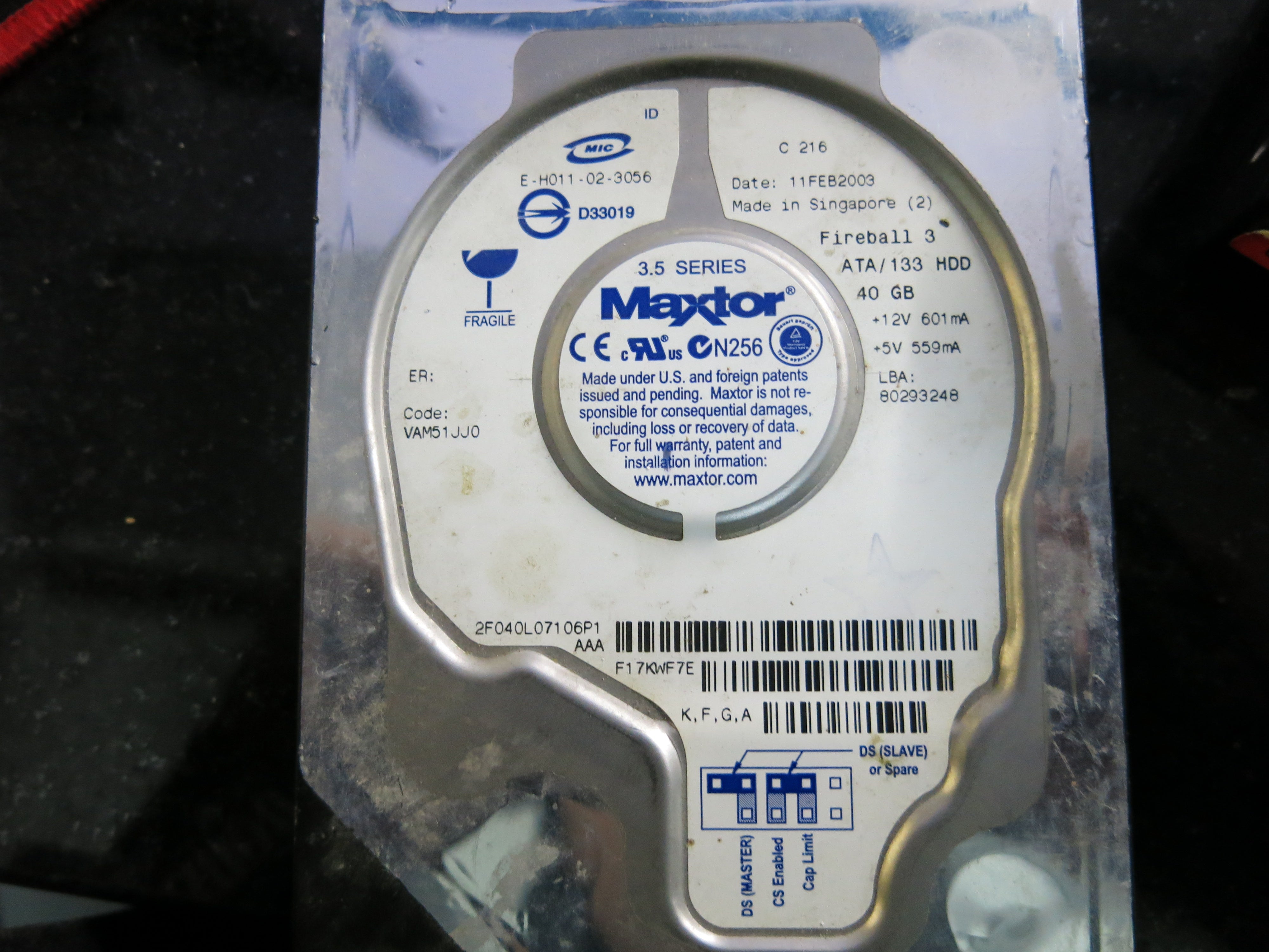 F17KW7E, PCB: 11457138, Serial: 2F040L07106P1, 40GB