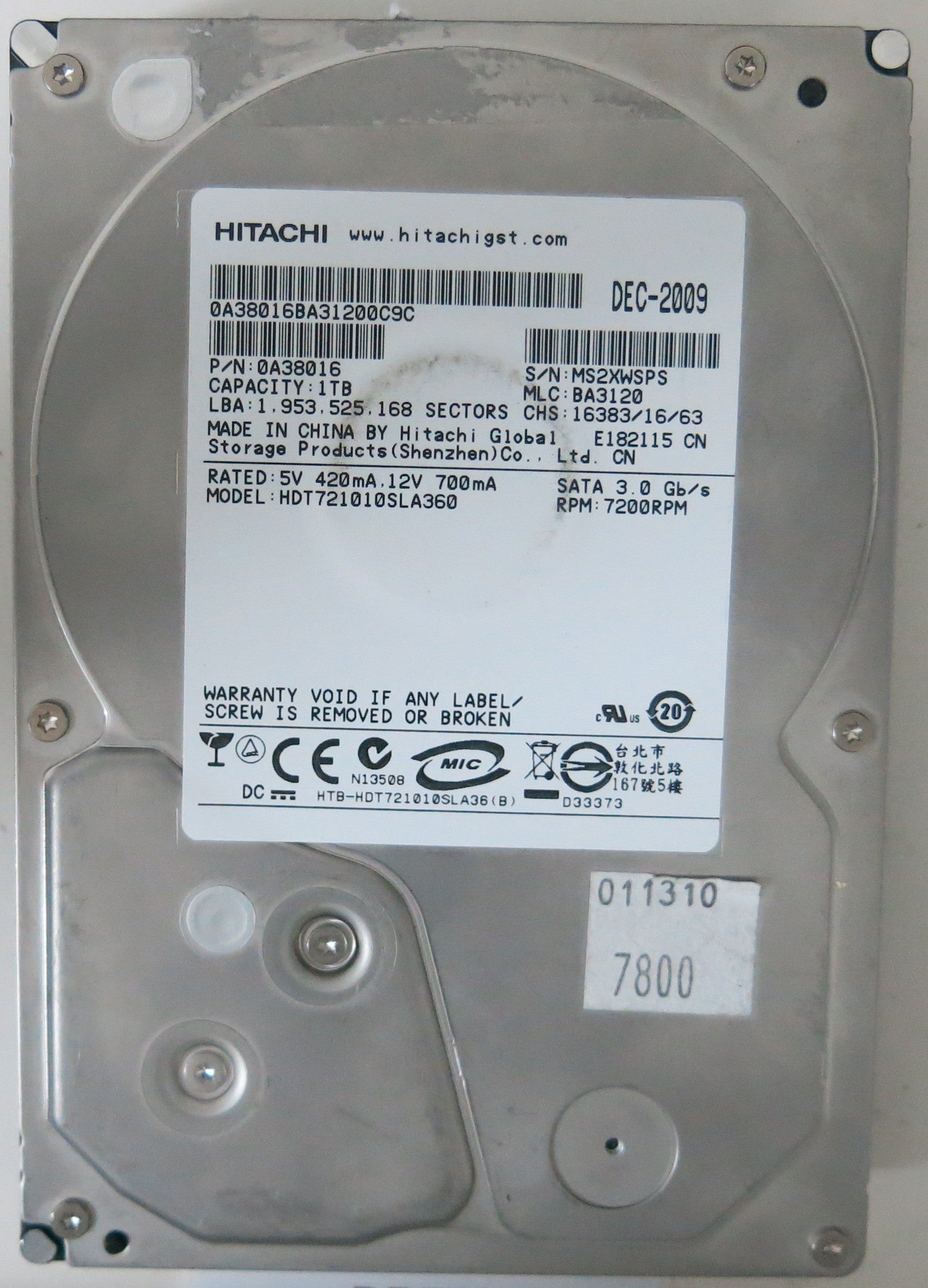 HDT721010SLA360,  Serial:MS2XWSPS,  1TB 3.5,  PCB:110 0A90158 01- REV A