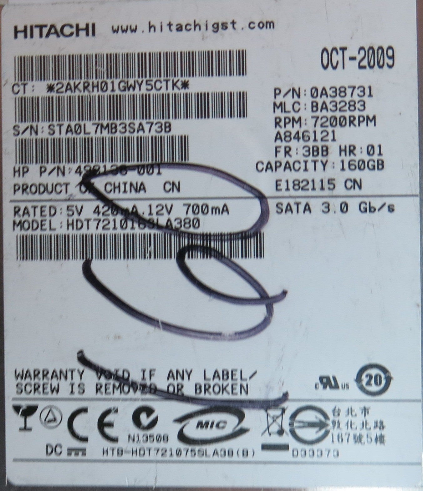 HDT721016SLA, PN 498138-001, MLC  BA3283, 110 0A90158 01 PCB