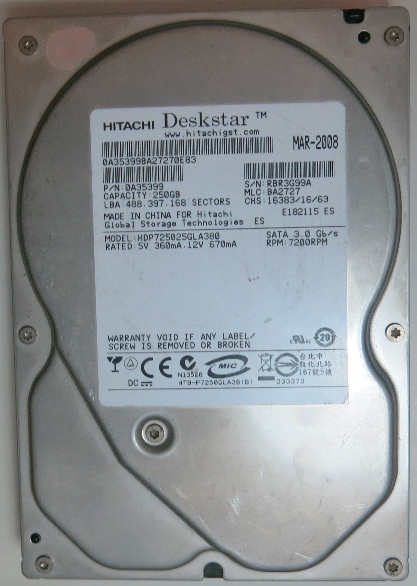 HDP725025GLA380 PCB: 110 0A90026 01 SERIAL NUMBER: RBR3G99A  PN 0A35399 FW BA2727 250 GB