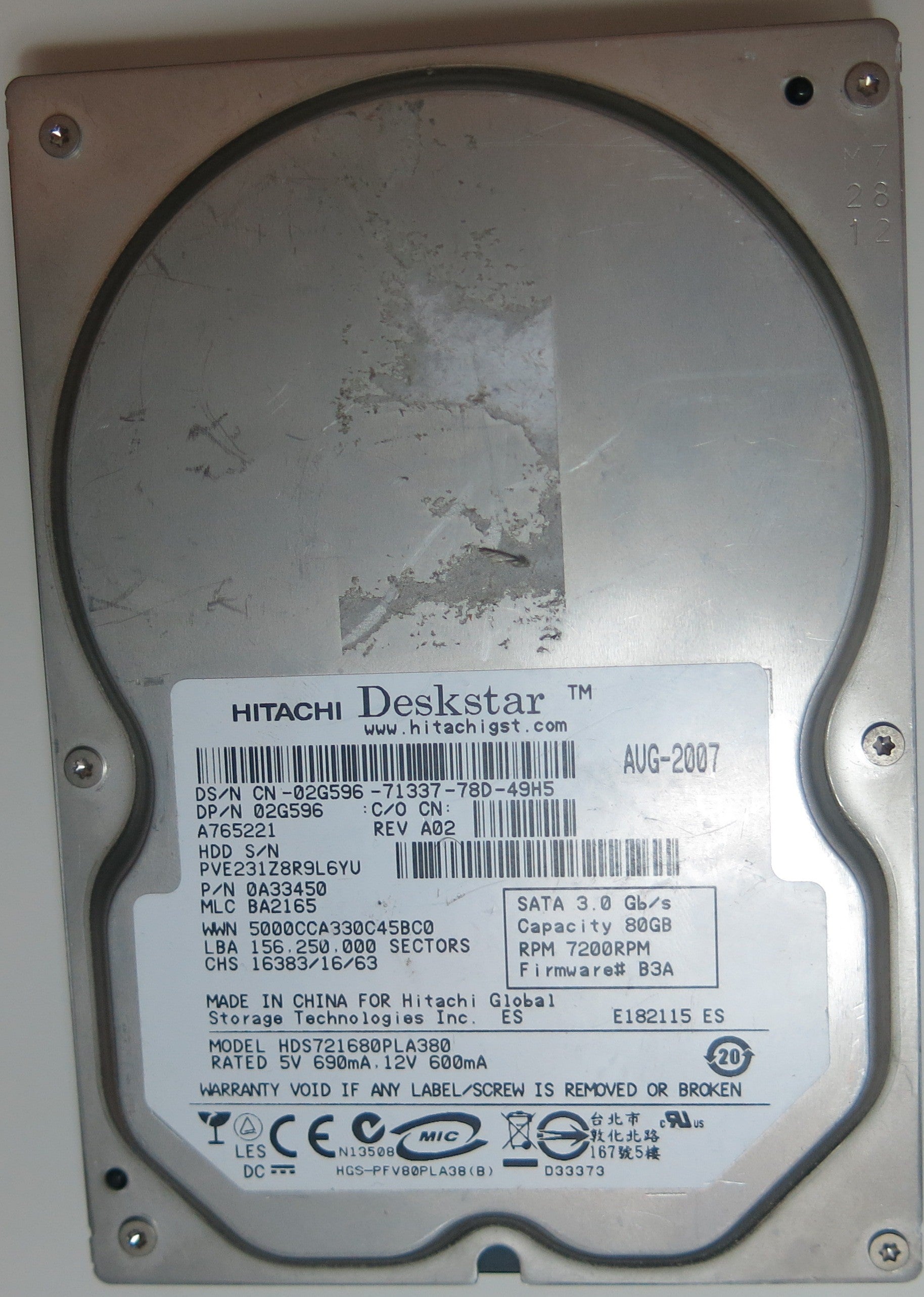 HDS721680PLA380 PCB: F 0A29531 01 SERIAL NUMBER: Z8R9L6YU PN 0A33450 FW BA2165 80 GB