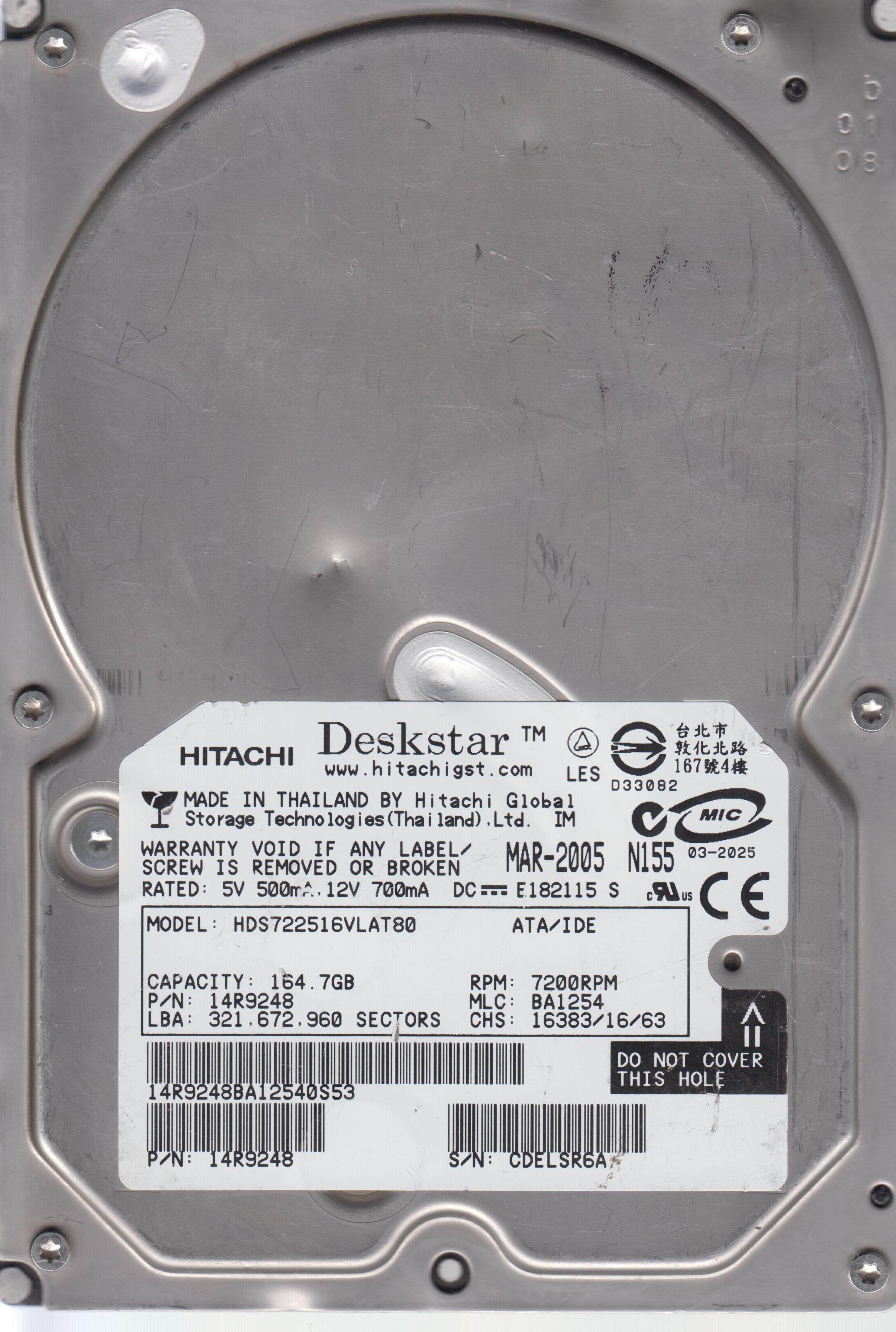 HDS722516VLAT80, MLC BA1254 164.7GB 3.5