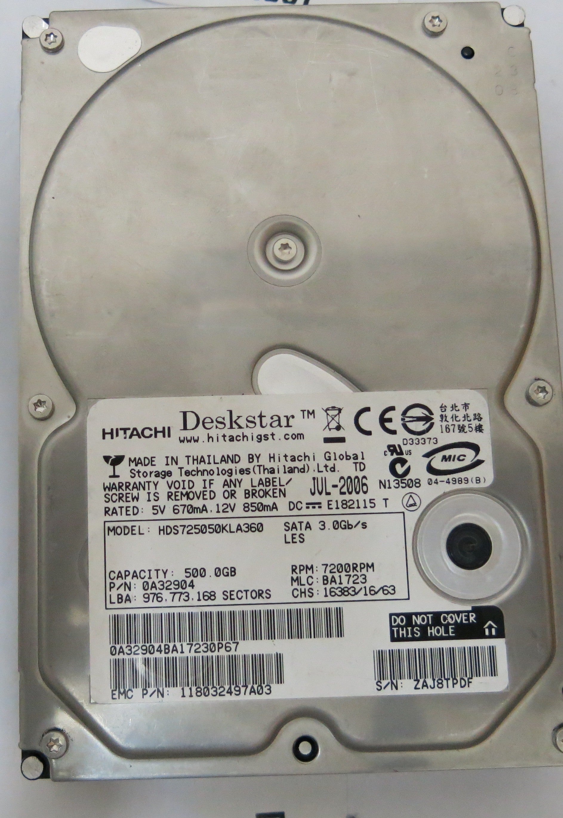 HDS725050KLA360 PCB:F 0A31169 01 SERIAL NUMBER:ZAJ8TPDF  500GB