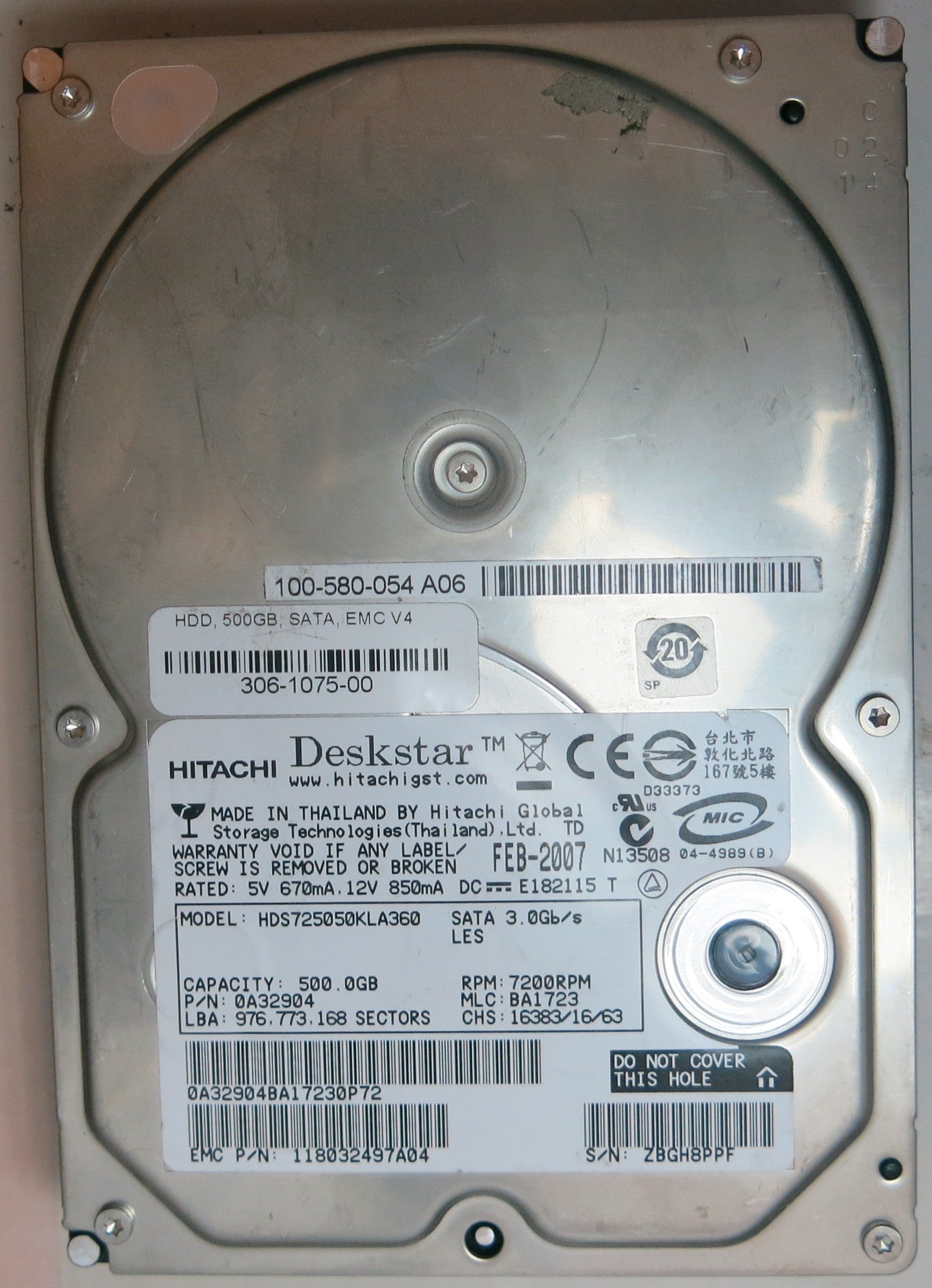 HDS725050KLA360 PCB: HDS725050KLA360 SERIAL NUMBER: HDS725050KLA360 PN 0A32904FW BA1723 500 GB