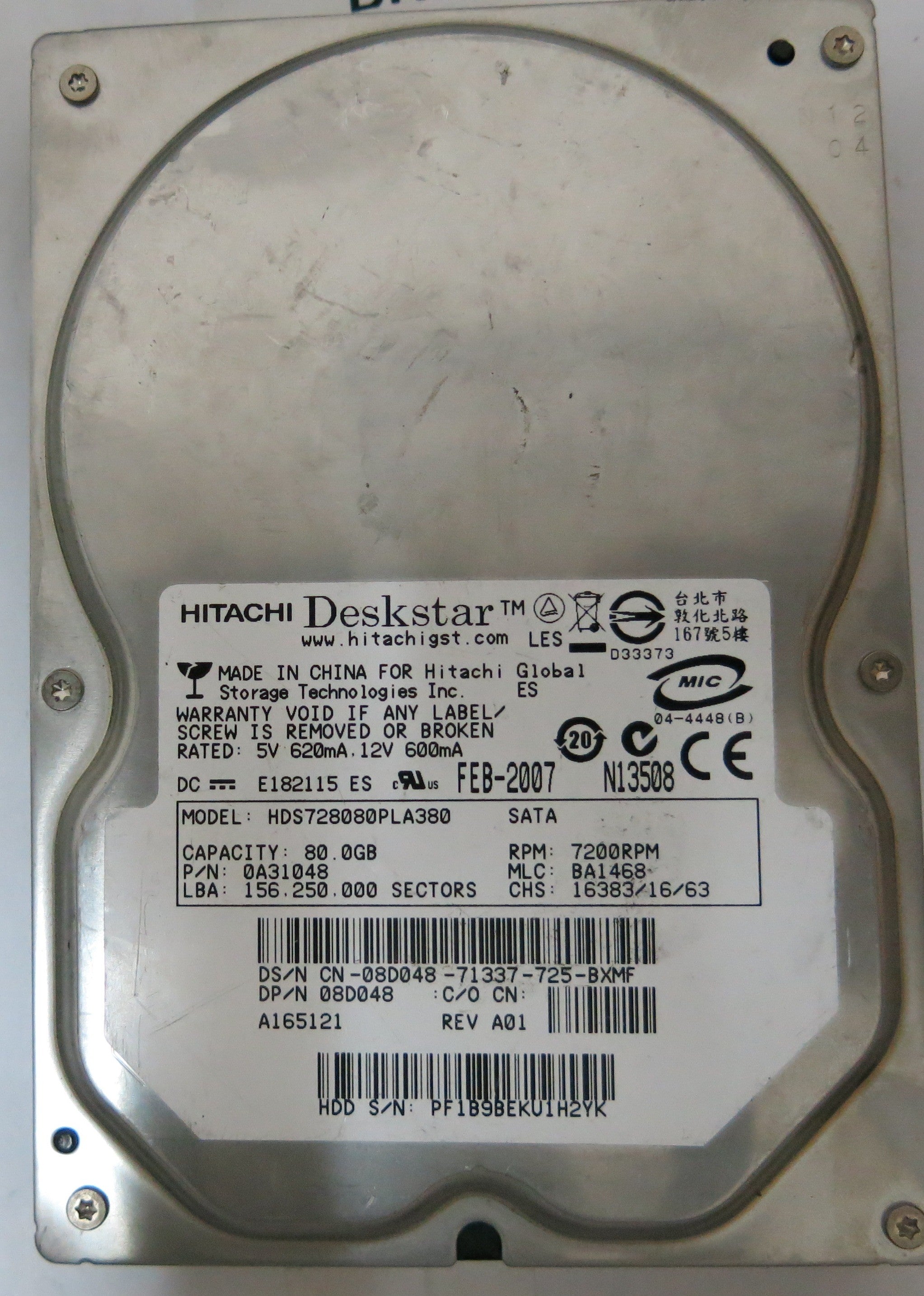 HDS728080PLA380 PCB:F 0A30363 01 SERIAL NUMBER:PF1B9BEKU1H2YK PN 0A31048 ;80GB