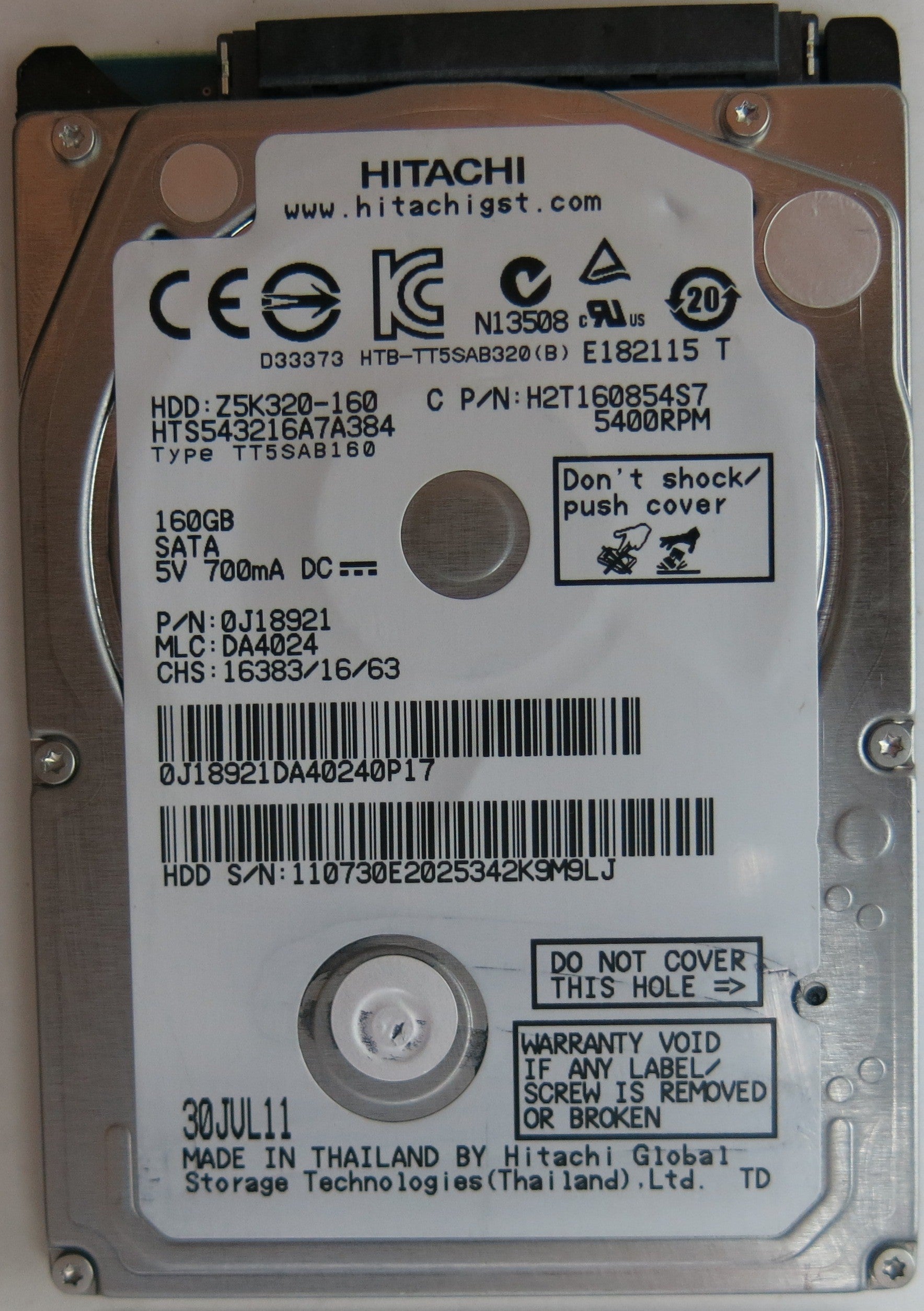 HTD543216A7A384, PN:0J8921, MLC: DA4024, PCB: 220 0A90269 01, SERIAL NUMBER: 110730E2025342K9M9LJ, 160GB