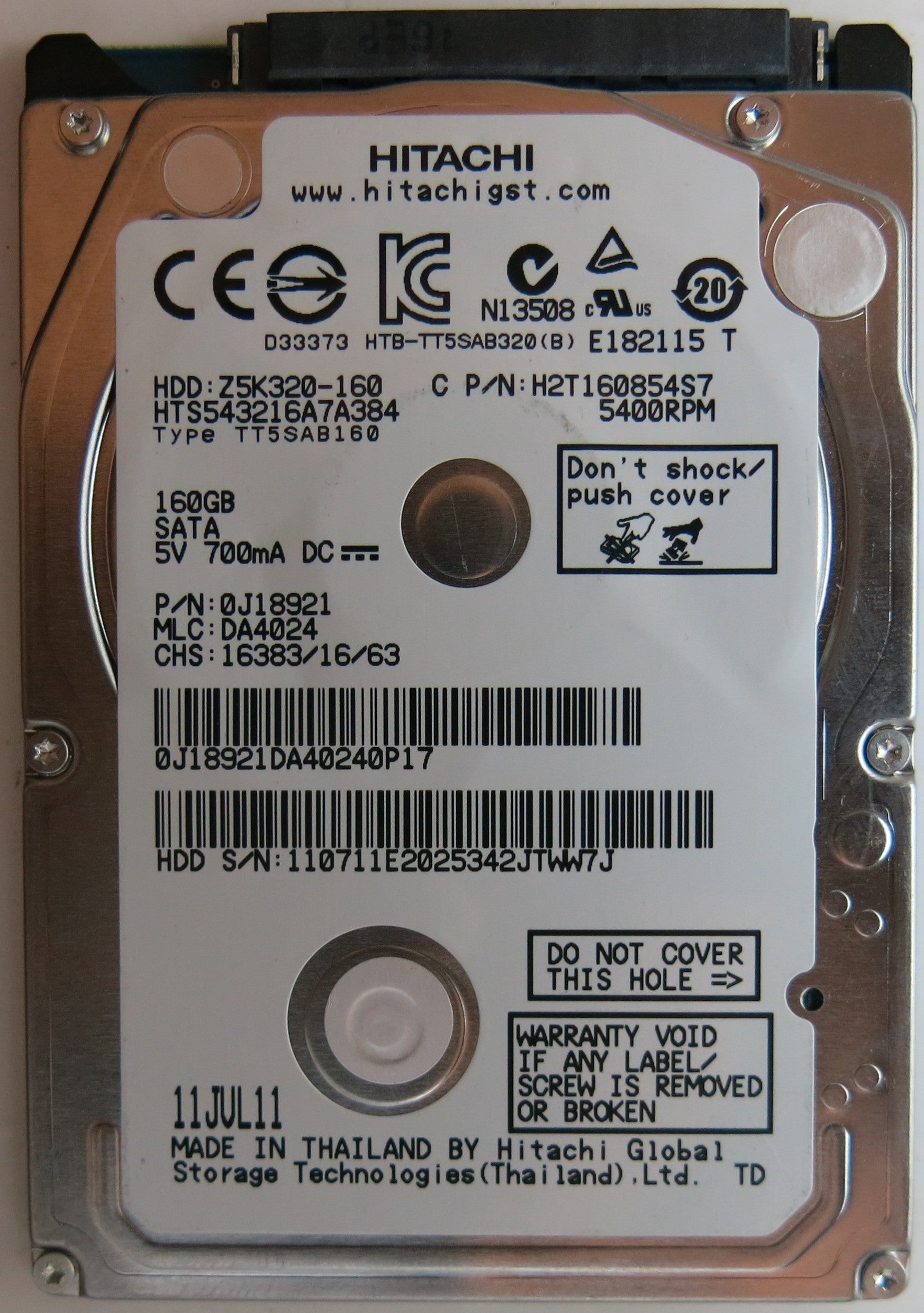 HTD543216A7A384, PN:0J8921 MLC: DA4024 , PCB: 220 0A90269 01, SERIAL NUMBER: 110711E2025342JTWW7J, 160GB 2.5