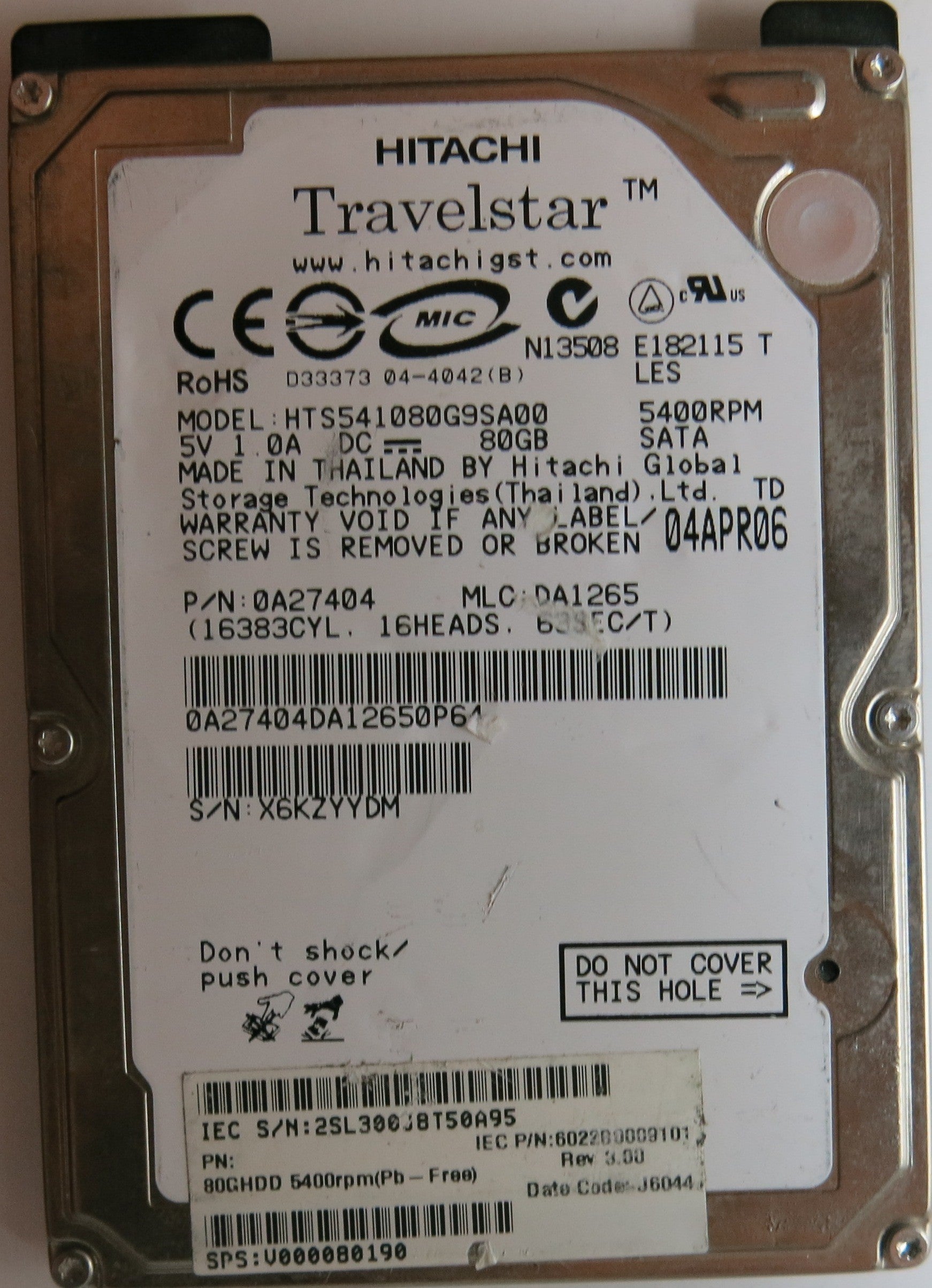 HITACHI HTS541080G9SA00, PN 0A27404, MLC, 320 0A25182 01 PCB
