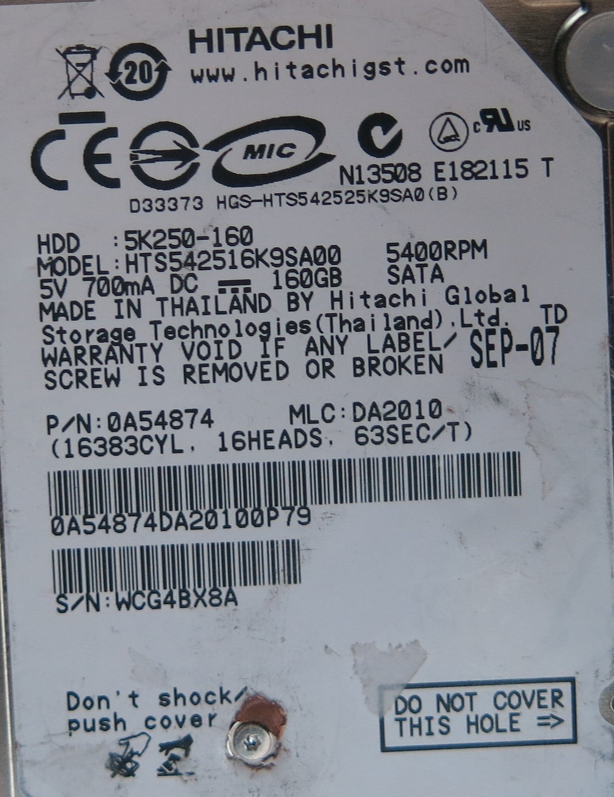 HITACHI HTS542516K9S00, PN 0A54874, MLC  DA2010, 220 0A90002 01 PCB