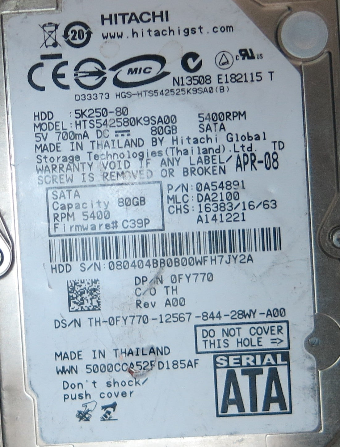 HITACHI HTS542580K9SA00, PN 0A54891, MLC  DA2100, 220 0A90002 01 PCB