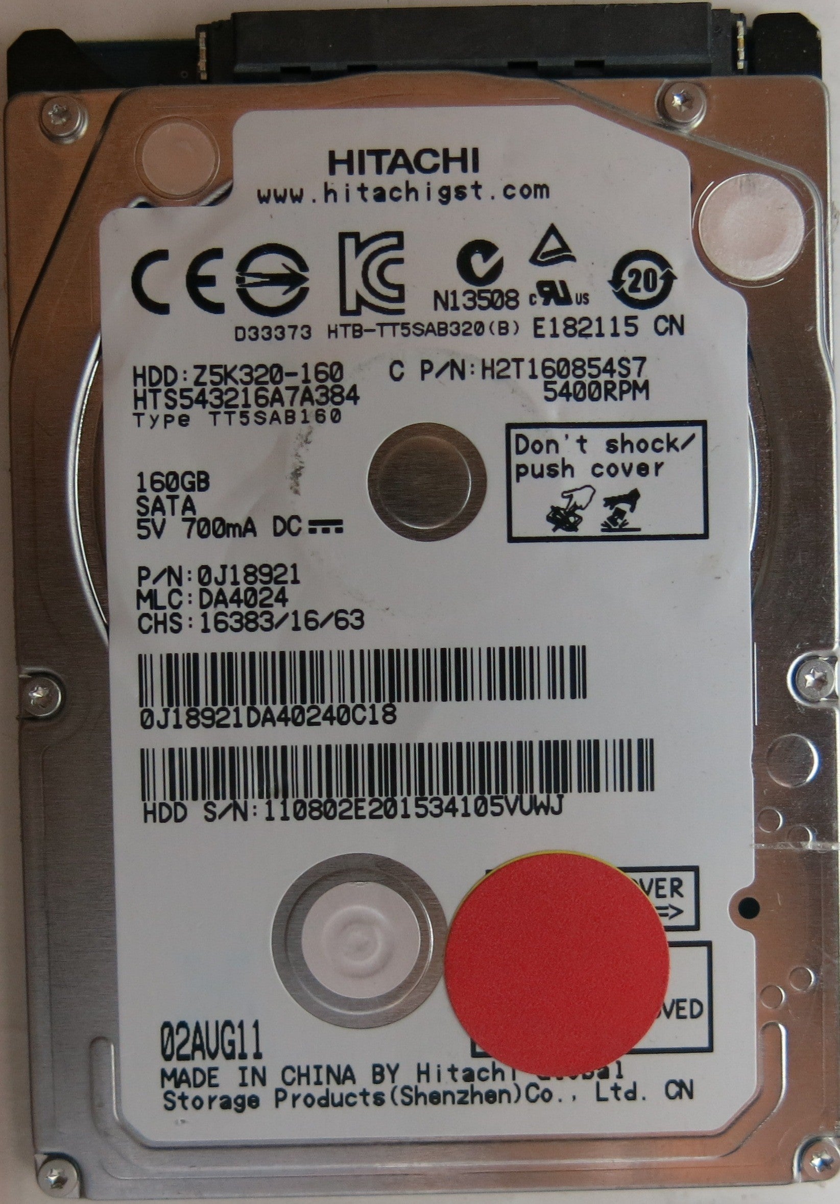 HTS543216A7A384, PN: 0J18921, MLC: DA4024, 160GB, PCB: 220 0A90269 01, SERIAL NUMBER: 110802E201534105VUWJ,