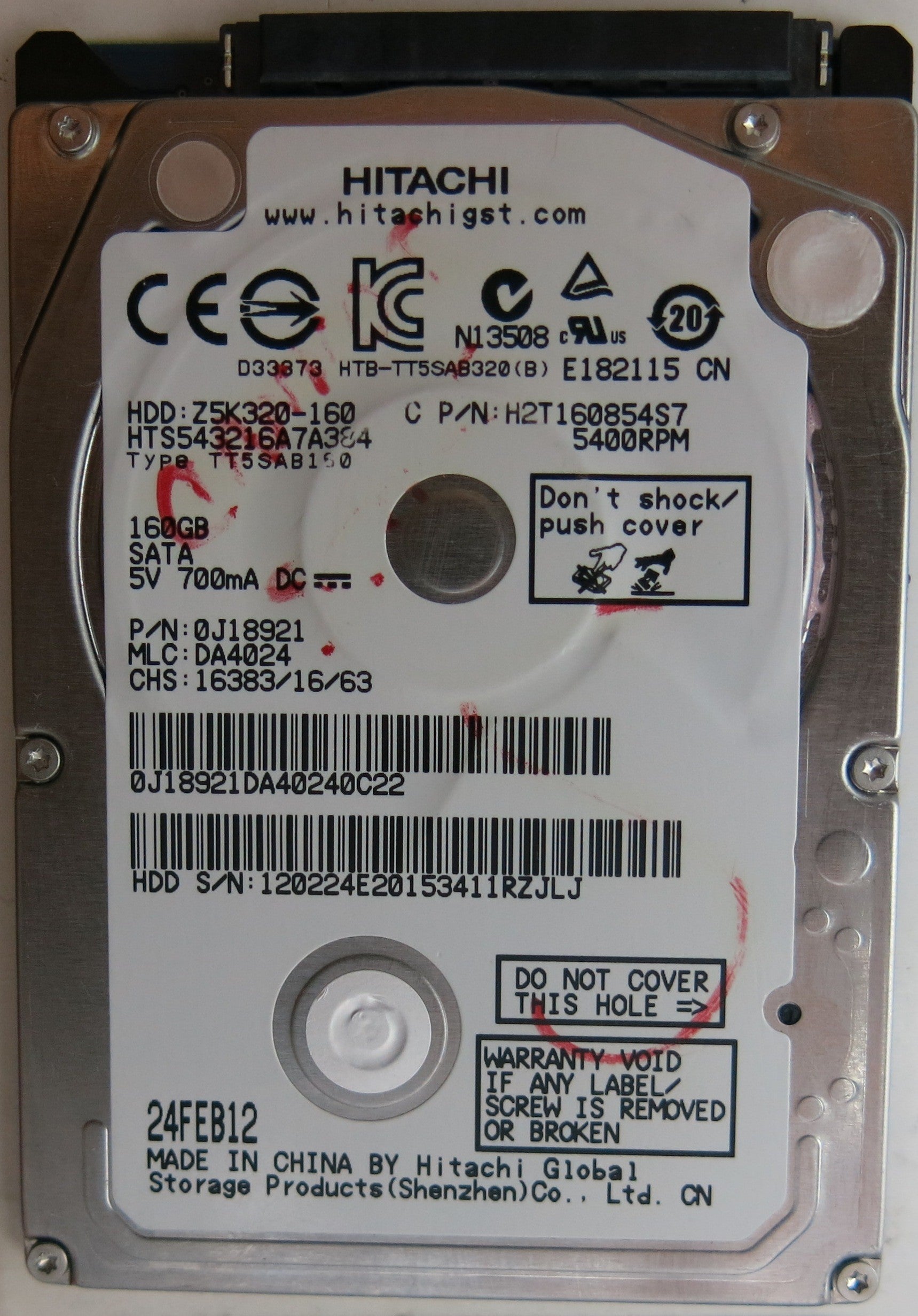 HTS543216A7A384, PN: 0J18921,  MLC: DA4024,  160GB, PCB: 220 0A90269 01, SERIAL NUMBER: 120224E20153411RZJLJ,