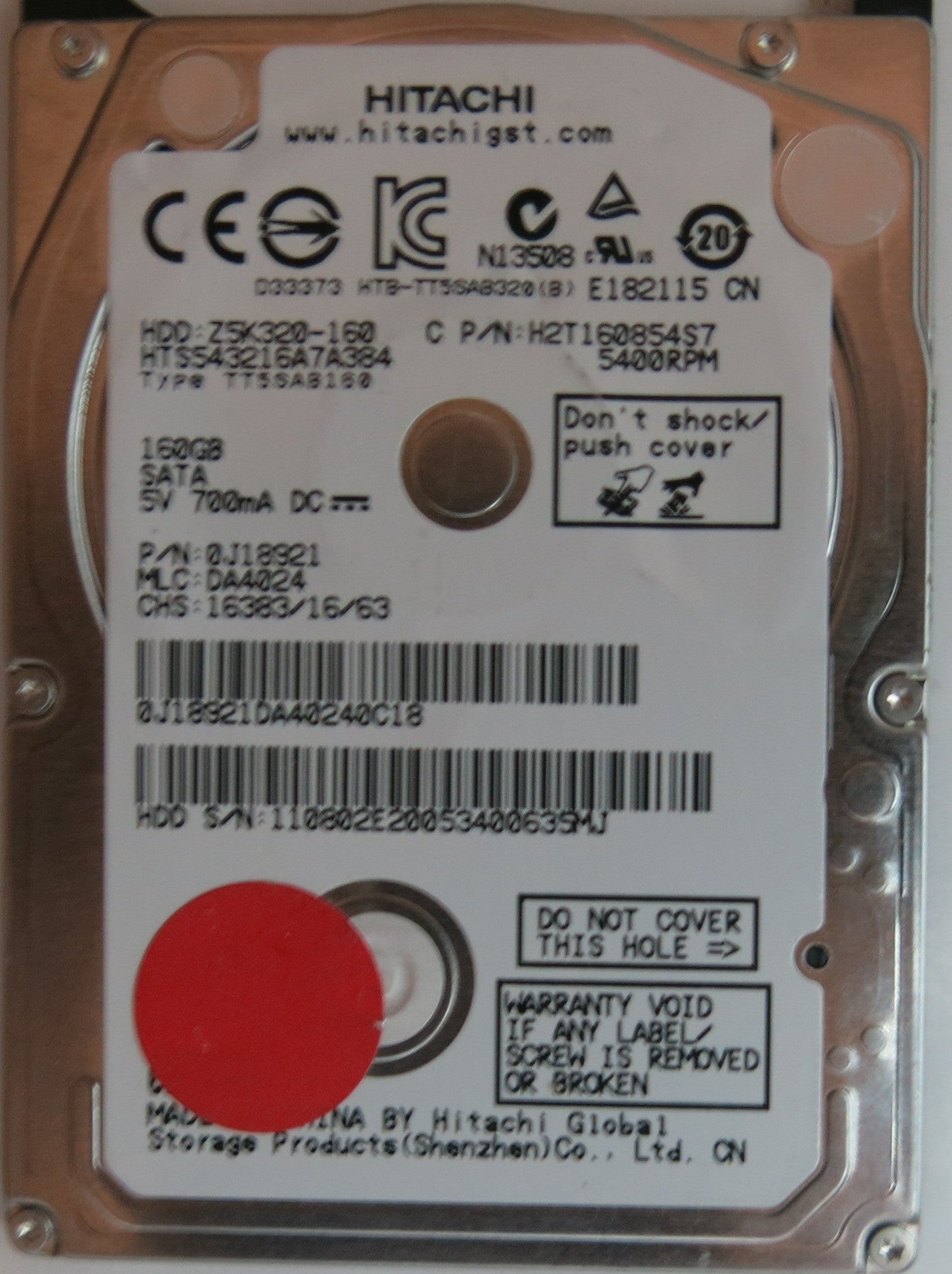 HITACHI HTS543216A7A384, PN 0J18921, MLC DA4024, 220 0A90269 01 PCB