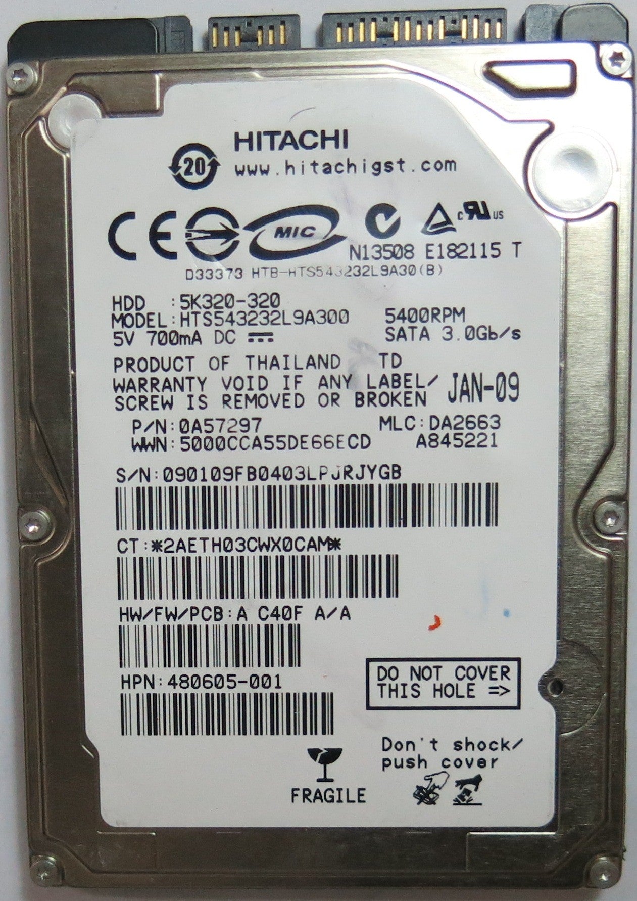 HTS543232L9A300,     PCB: 220 0A90002 01,  SERIAL 090109FB0403LPJRJYGB,