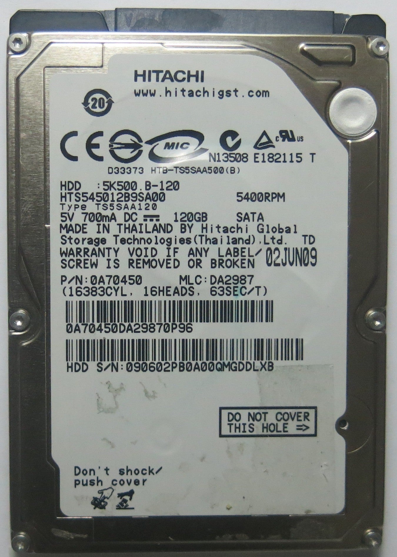 HITACHI HTS545012B9SA00 P/N 0A70450 MLC DA2987