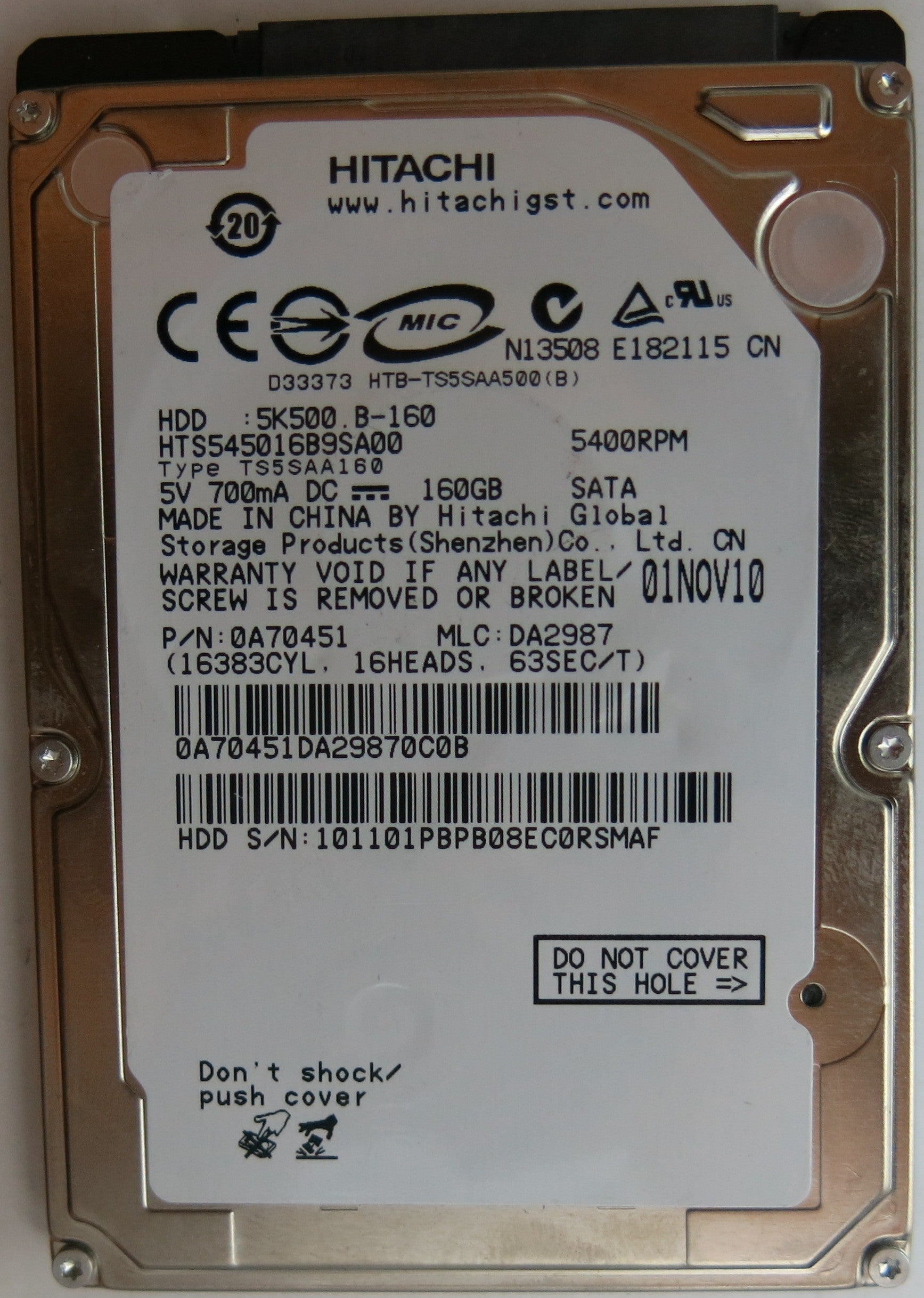 HTS545016B9SA00, PN:0A70451 , MLC:DA2987, PCB: 220 0A90161 01, SERIAL NUMBER: 101101PBPB088EC0RSMAF,