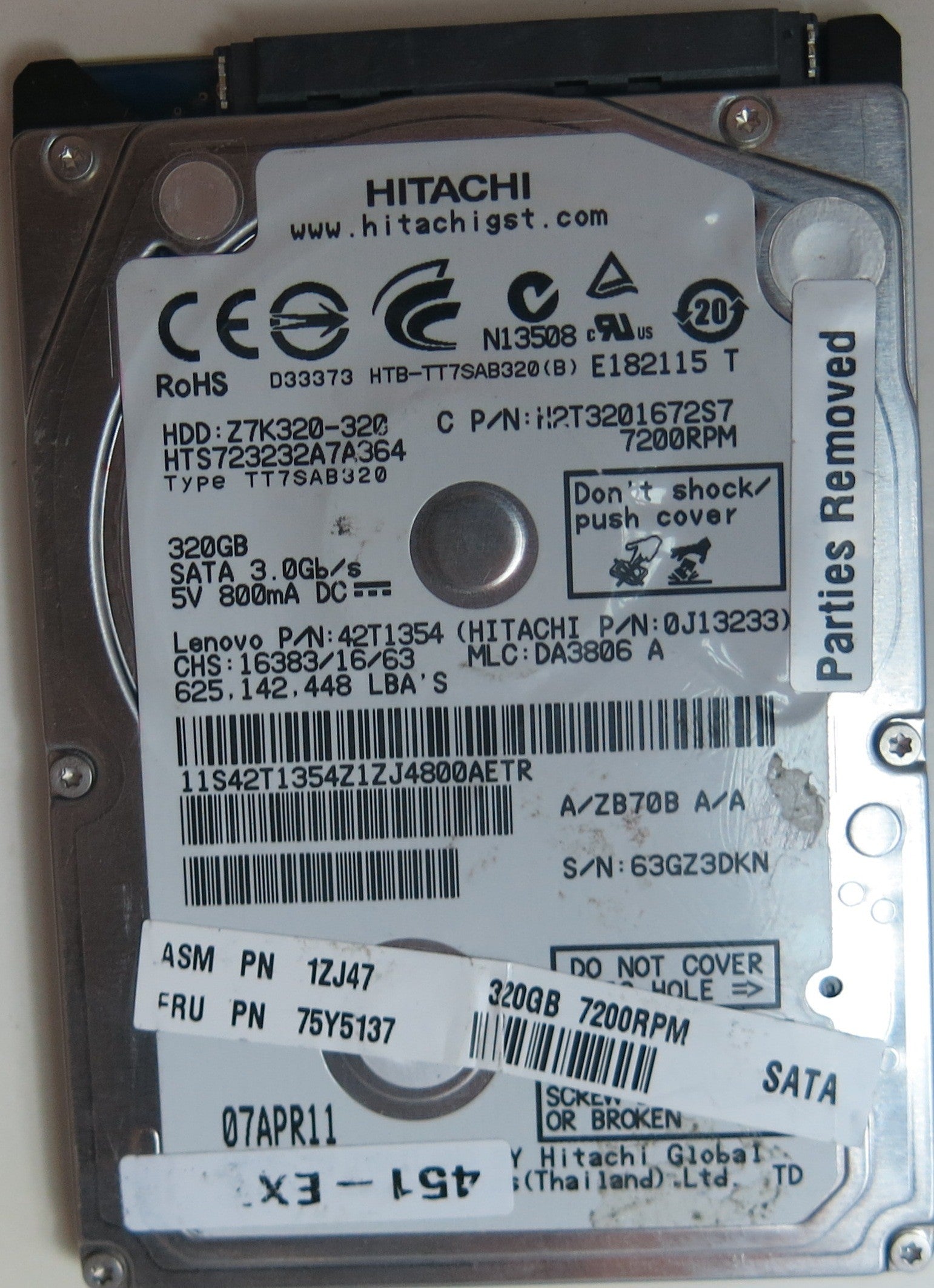 HTS723232A7A364 PCB: 220 0A90269 01 SERIAL NUMBER: 63GZ3DKN DCM DA3806 320GB