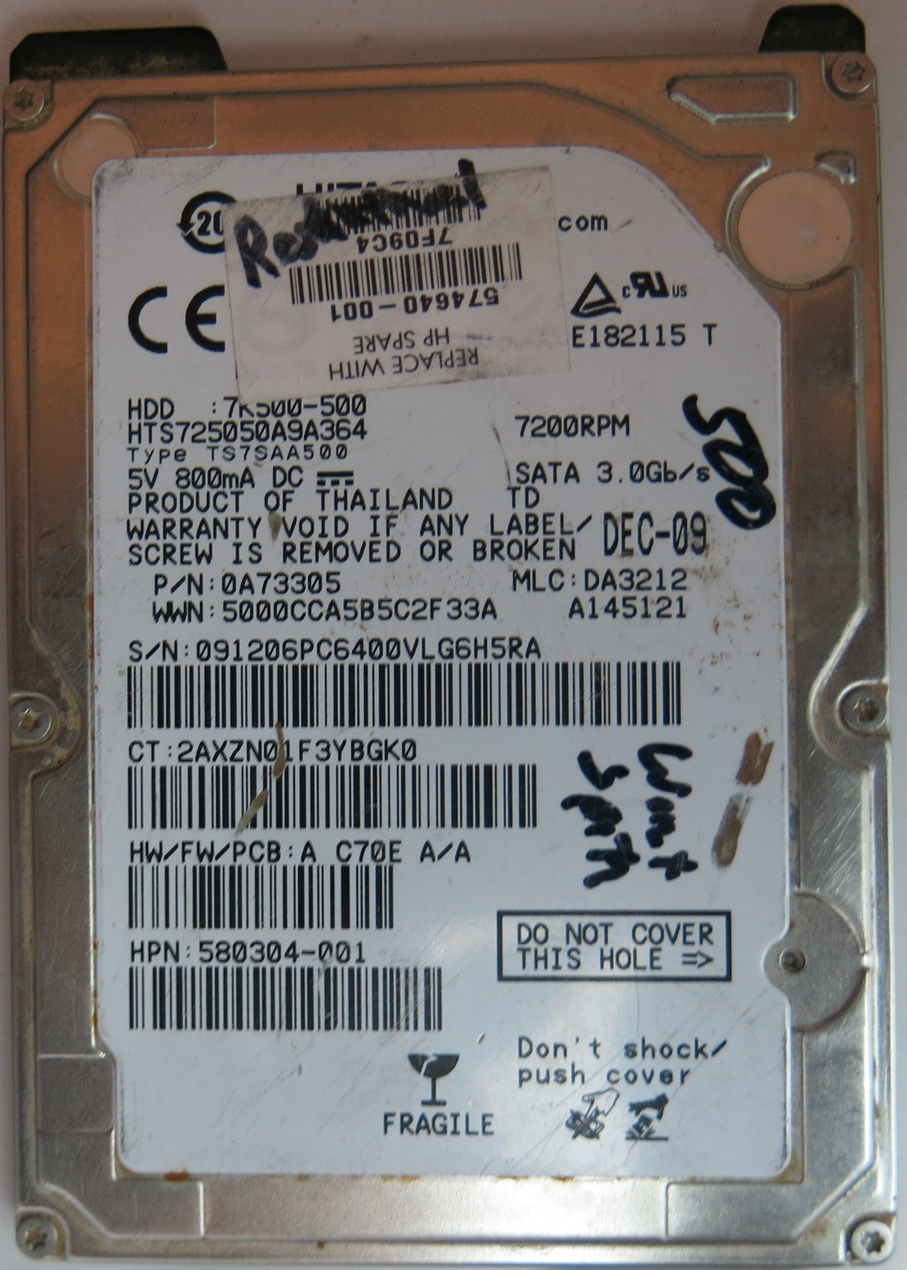 HITACHI HTS725050A9A364, PN 0A73305, MLC DA3212, 220 0A90161 01 PCB