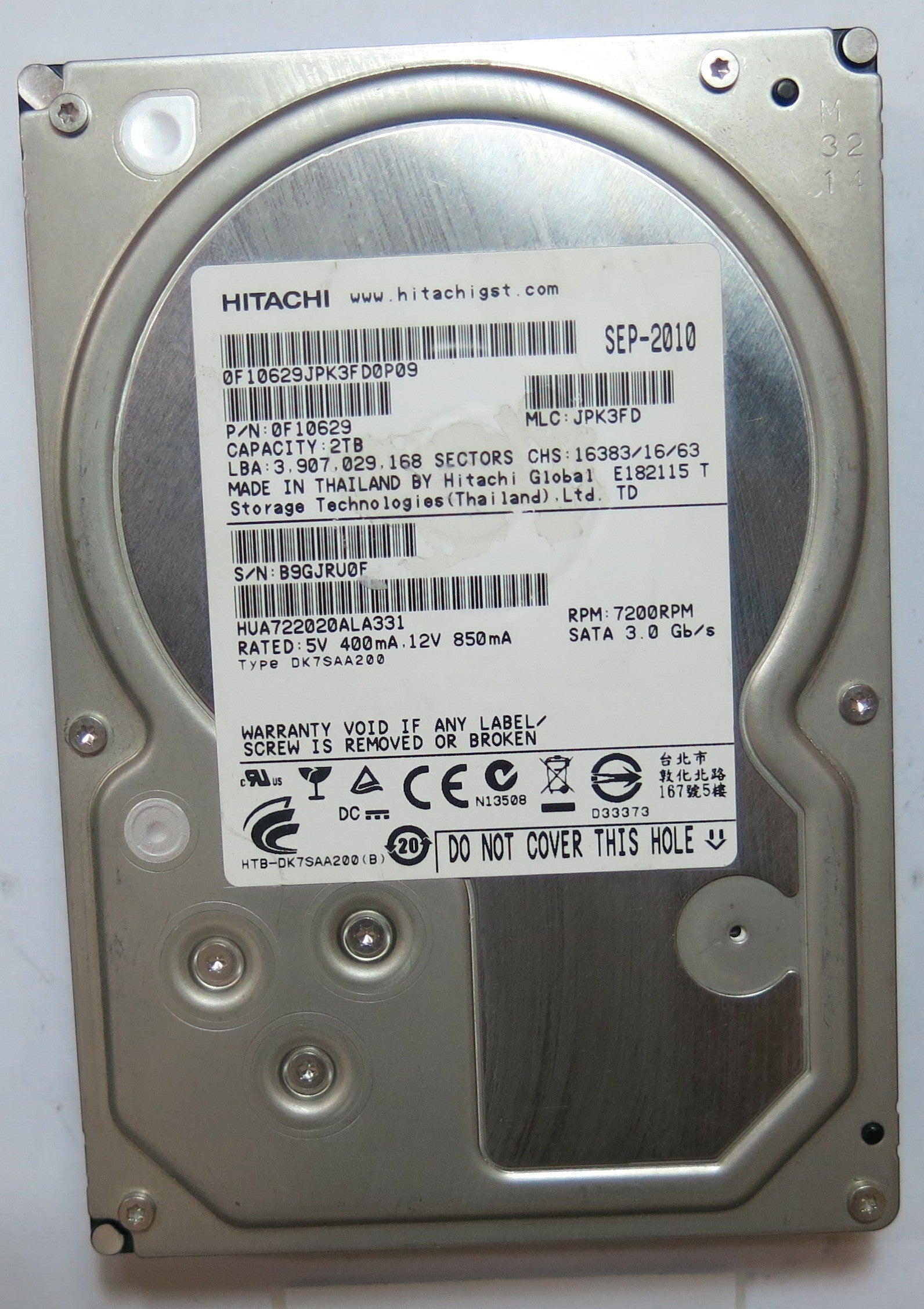 HUA722020ALA331,  Serial:B9GJRU0F,  2TB 3.5G,  PCB:110 0A90201 01- REV A,  P/N:0F10629,  MLC:JPK3FD