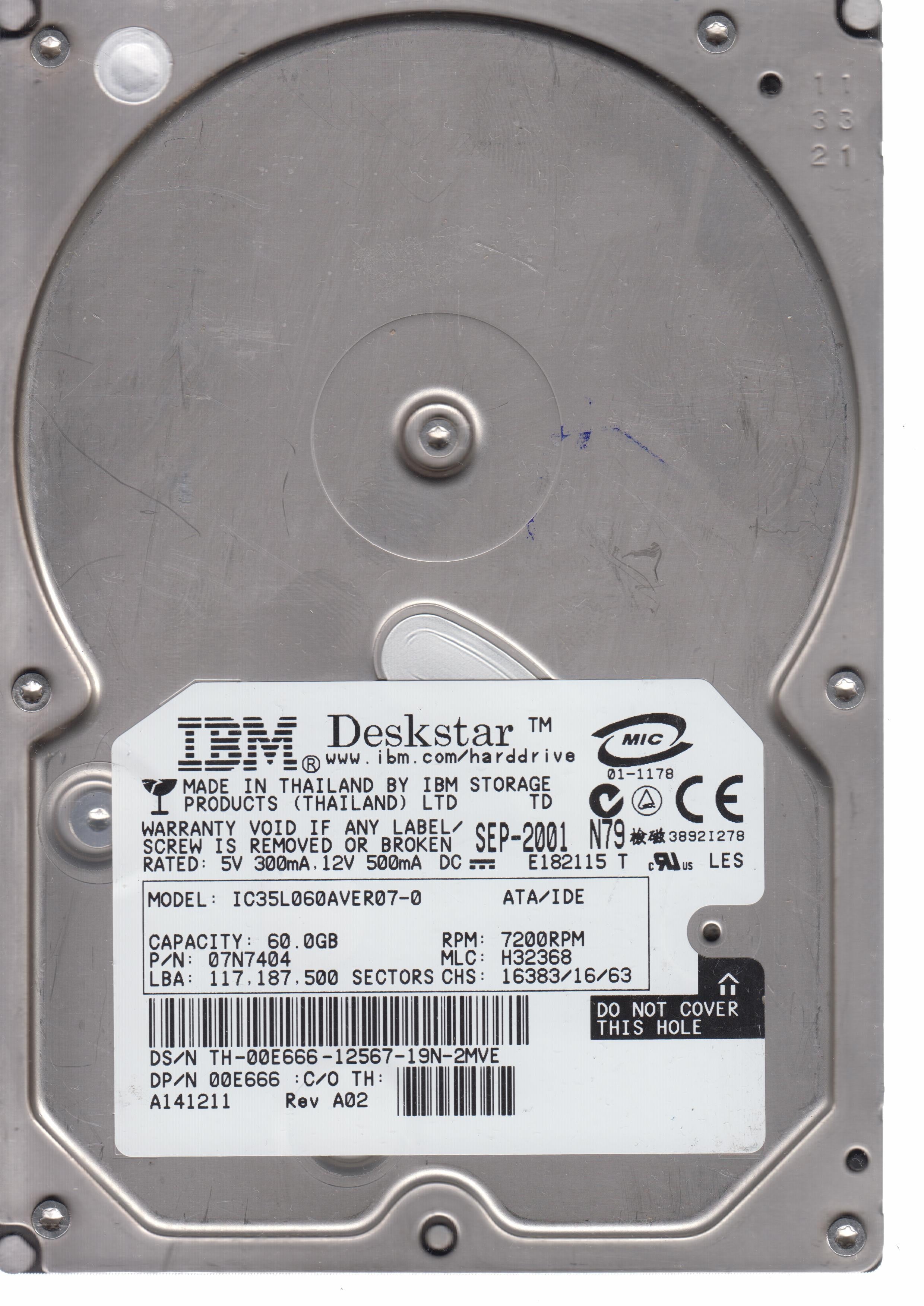 IC35L060AVERR07-0, MLC H323668 P/N 07N7404  60GB