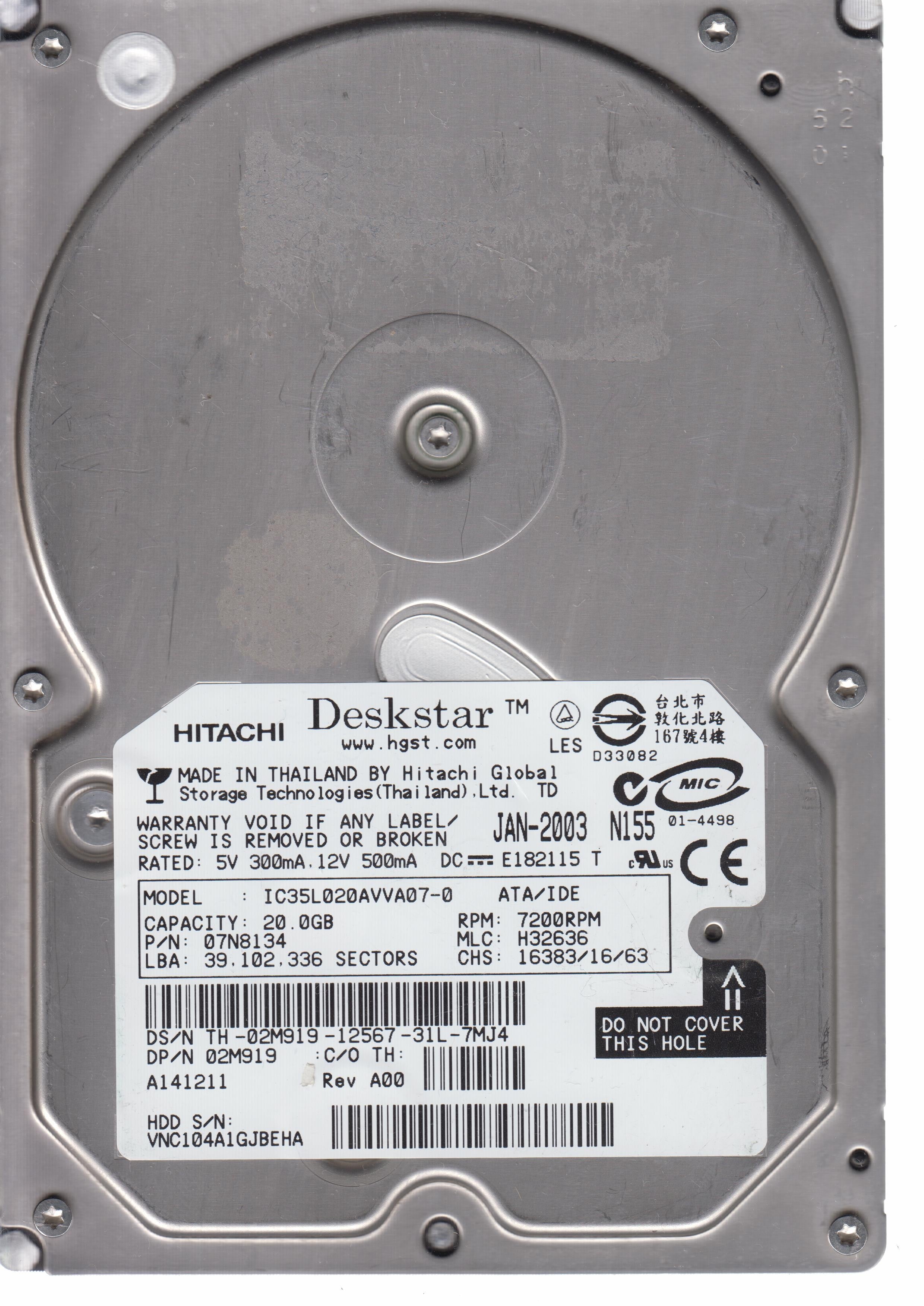 IC35L020AVVA07-0, MLC H32636 P/N 07N8134 20GB 3.5