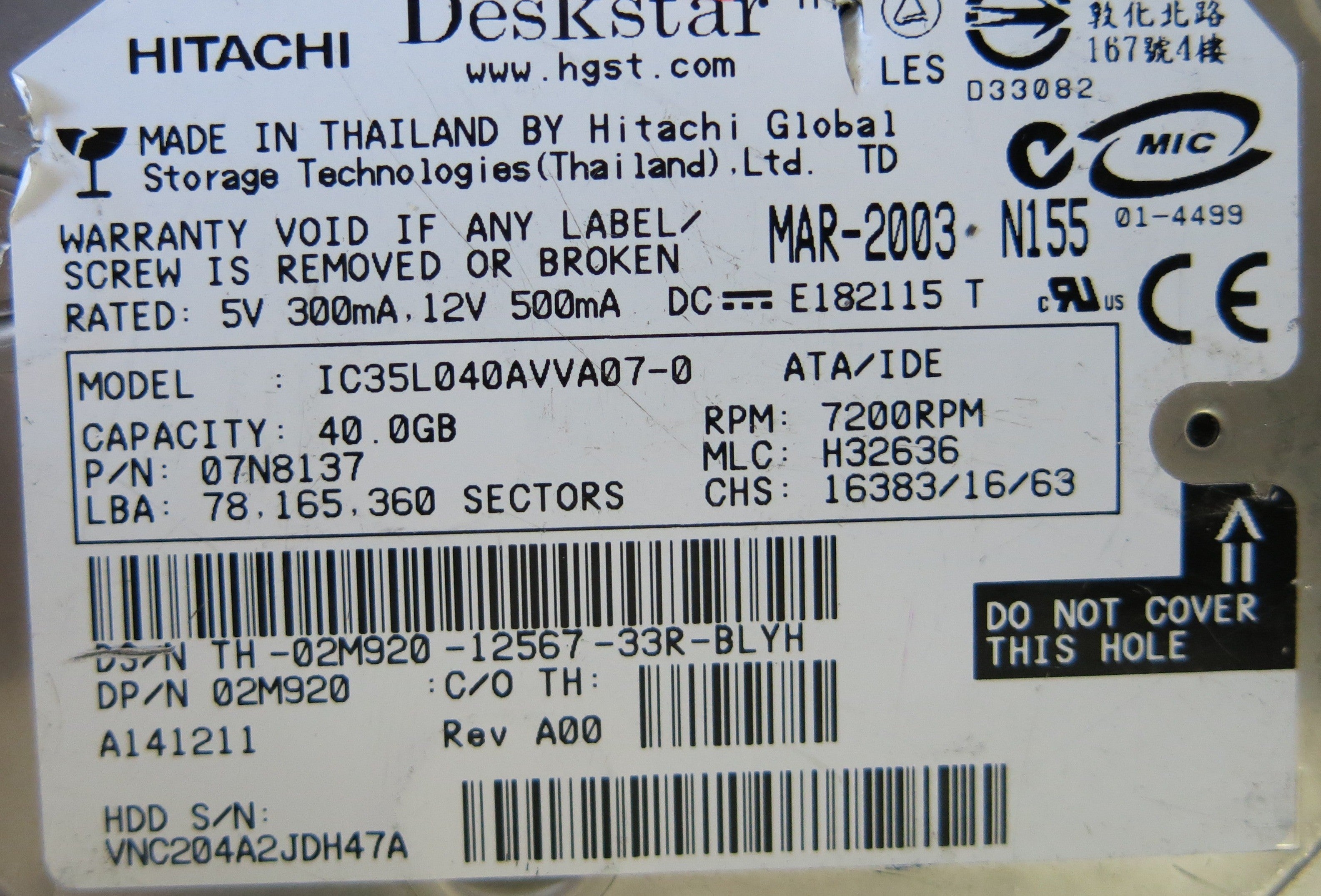 HITACHI IC35L040AVVA07-0 P/N 07N8137 PCB F 36H6419 01