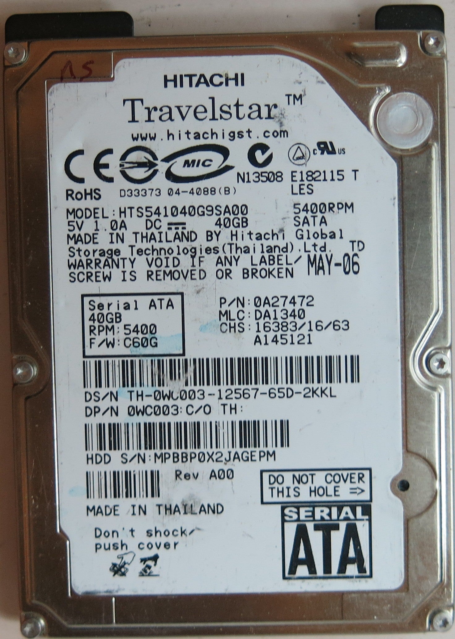 HTS541040G9SA00, PN 0A27472, MLC DA1340, 320 0A25182 01 PCB