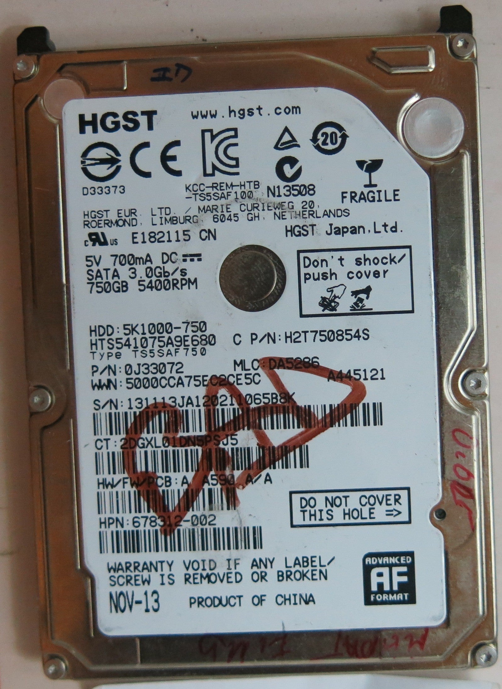 HTS541075A9E680 PN 0J33072, MLC DA5286, 220 0A90351 01 PCB