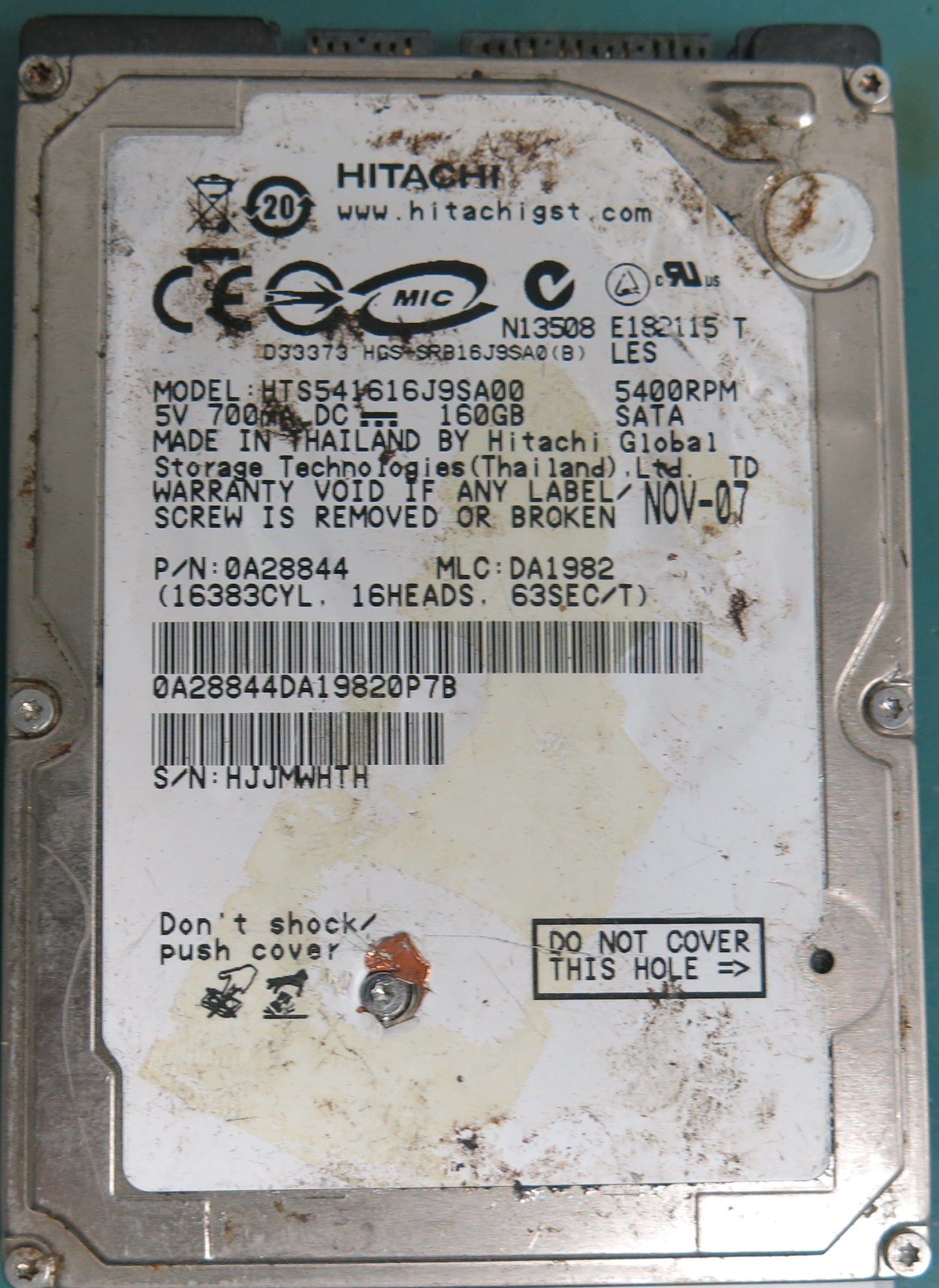 HTS541616J9SA00 Serial Number: HJJMWHTH, P/N: 0A28844, MLC: DA1982, 160GB 2.5