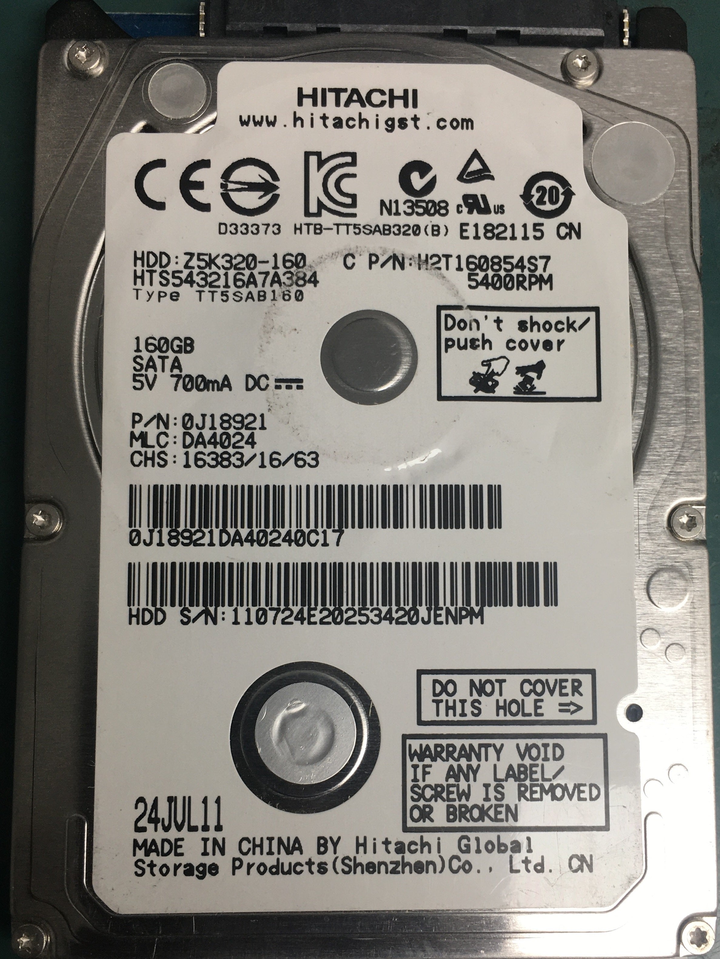 HTS543216A7A384, P/N 0J18921, MLC DA4024, 160GB 2.5