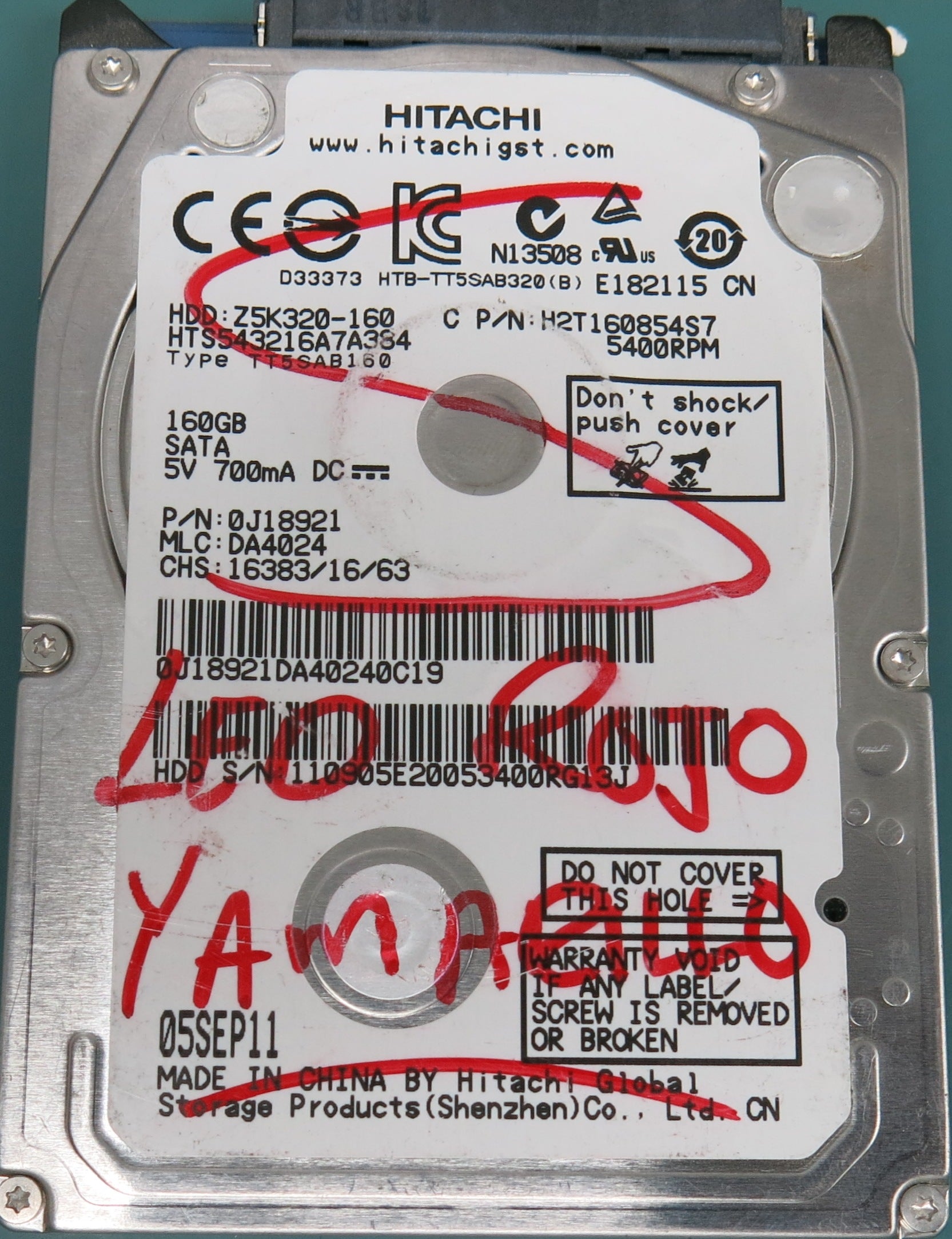 HTS543216A7A384, P/N: 0J18921, MLC:  DA4024, 160GB 2.5