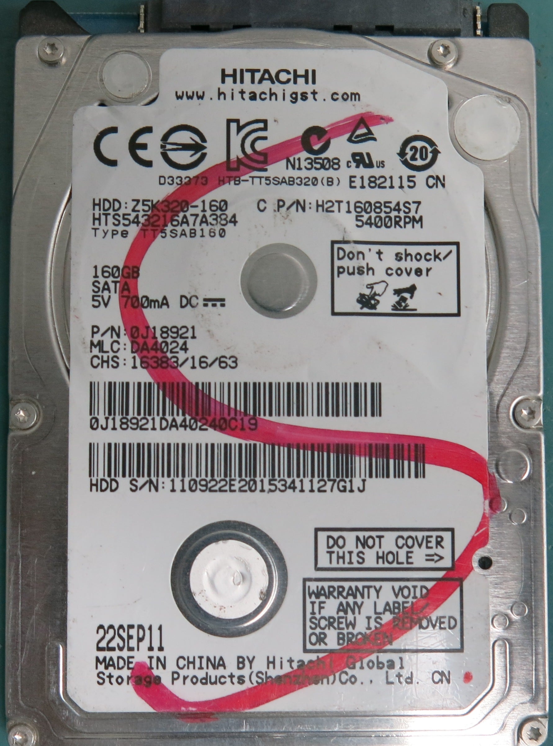 HTS543216A7A384, Serial Number: 110922E2015341127G1J, P/N: 0J18921, MLC: DA4024, 160GB 3.5