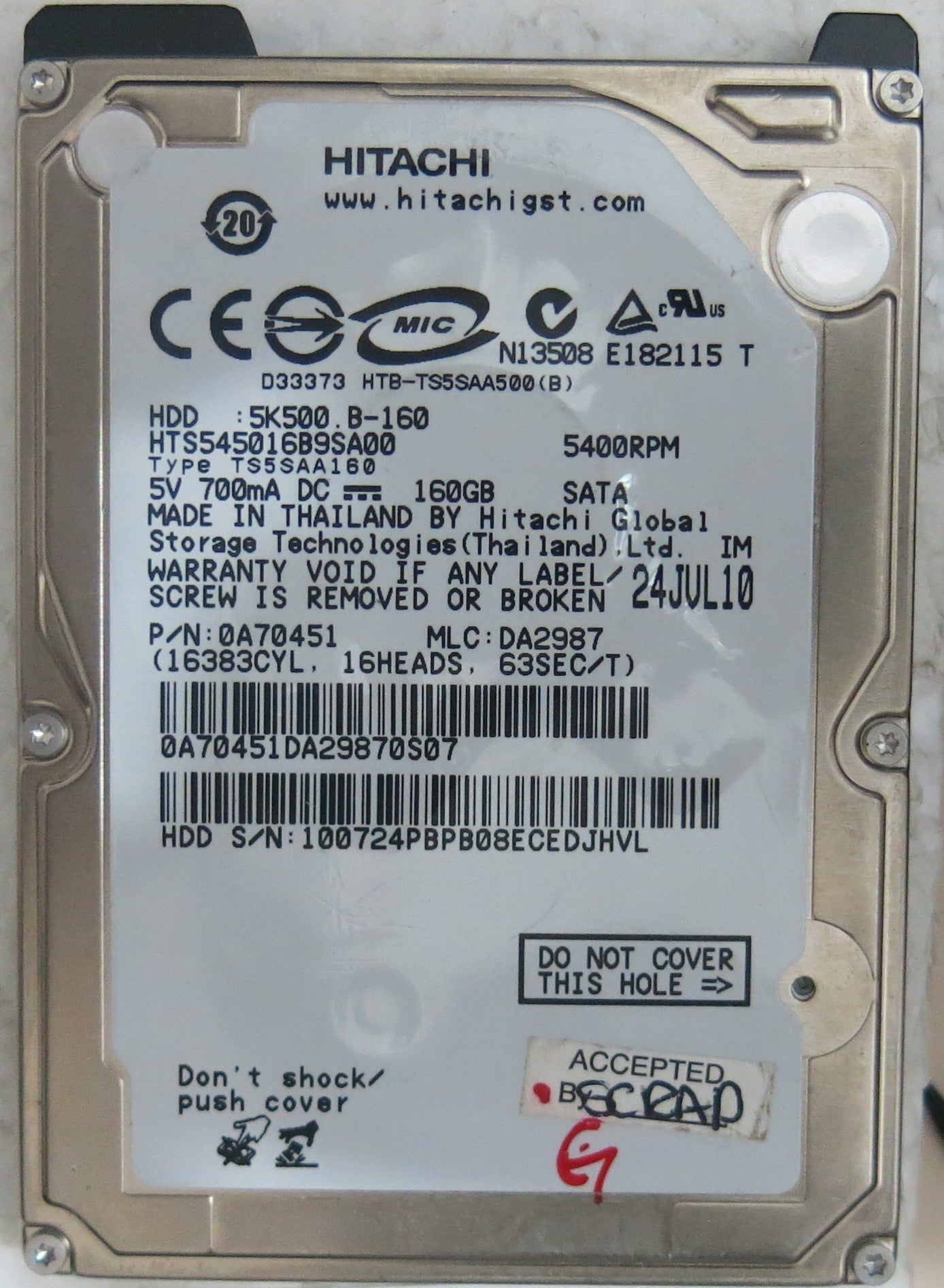 HTS545016B9SA00 PN 0A70451 MLC DA2987 220 OA90161 01 PCB