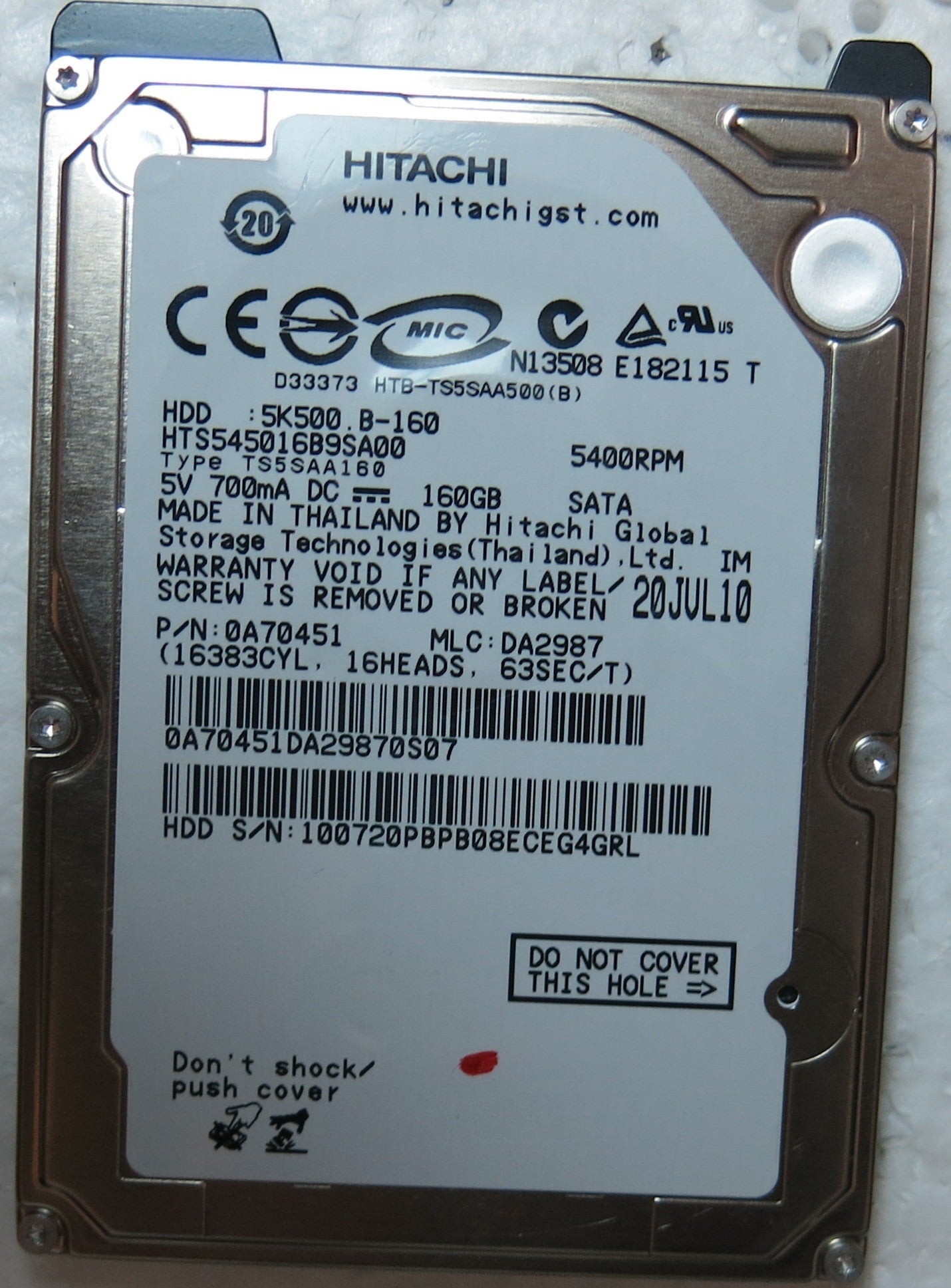 HTS545016B9SA00 PN 0A70451 MLC DA2987 220 OA90161 01 PCB