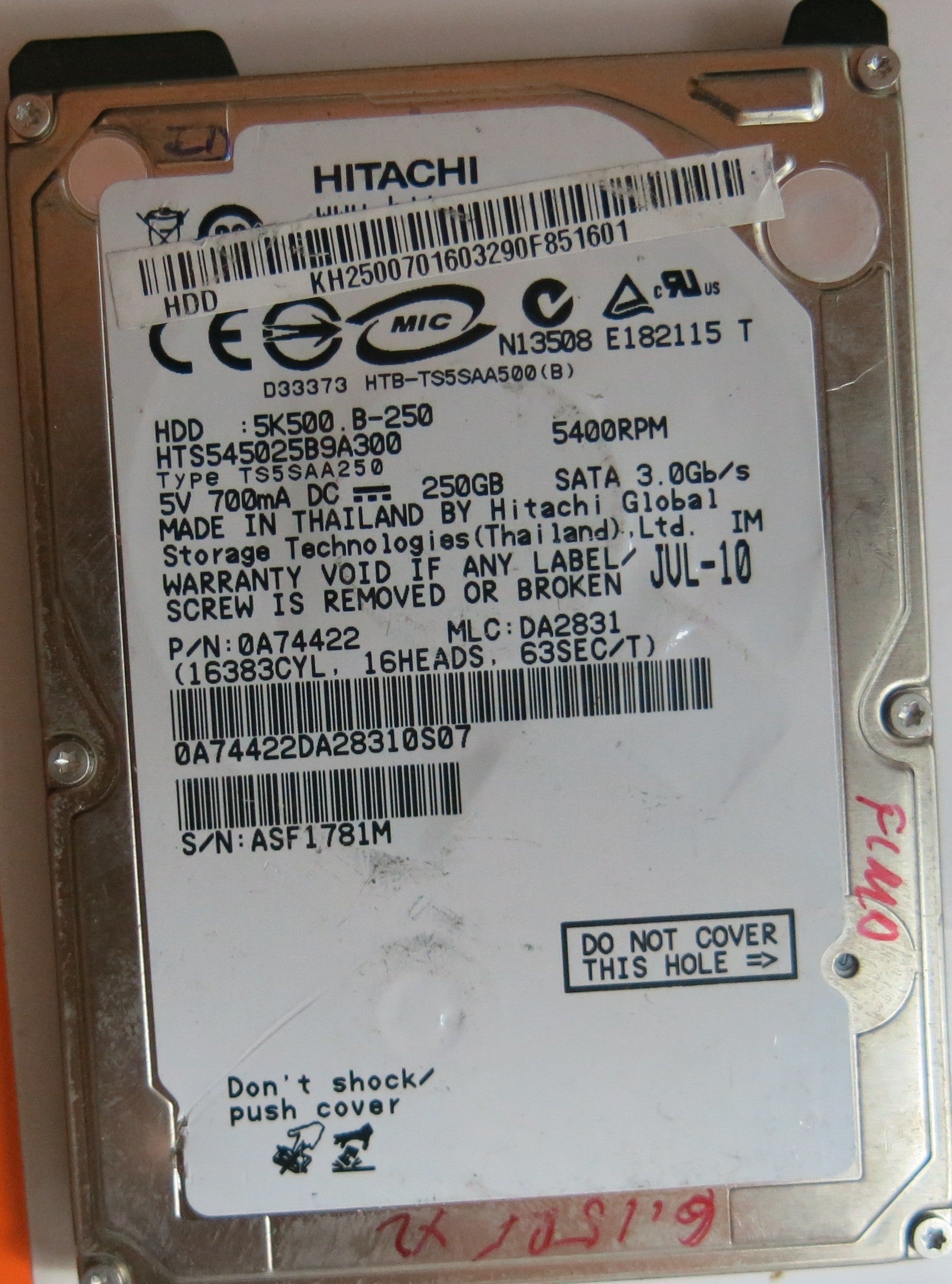 HTS545025B9A300 PN 0A74422 MLC DA2831 220 0A90161 01 PCB