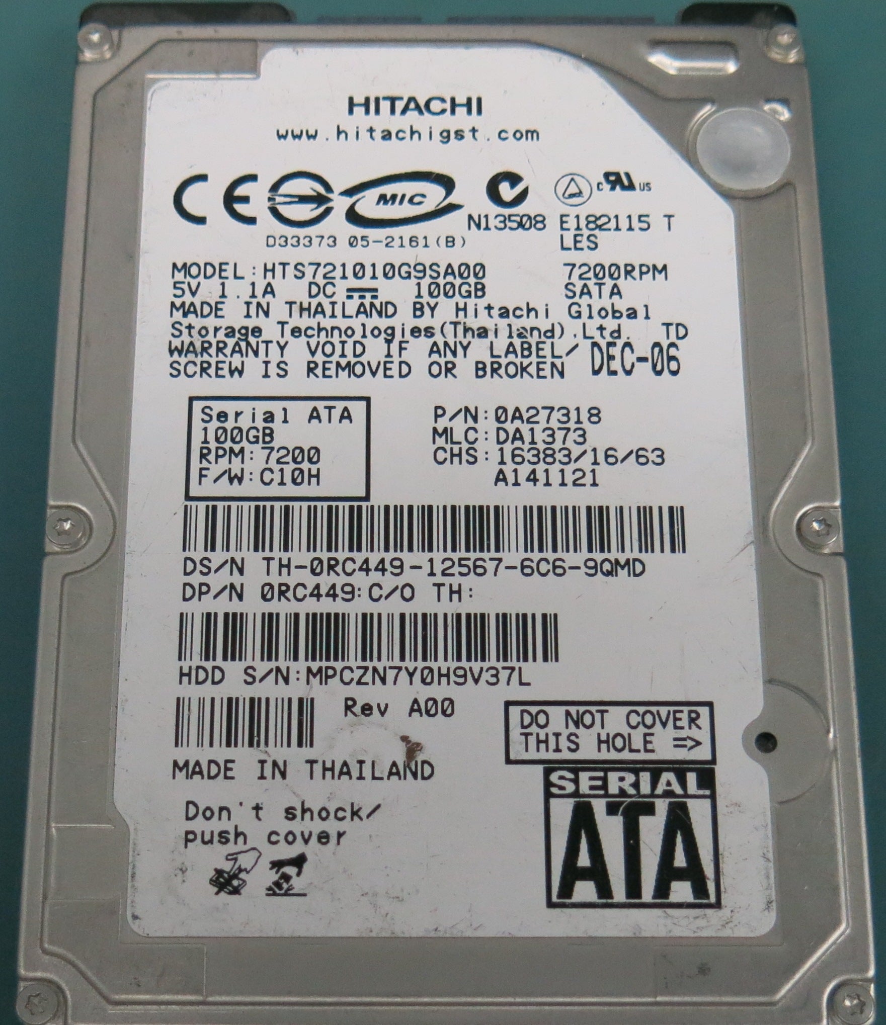 HTS721010G9SA00, P/N: 0A27318, MLC:  DA1373, 100GB 2.5