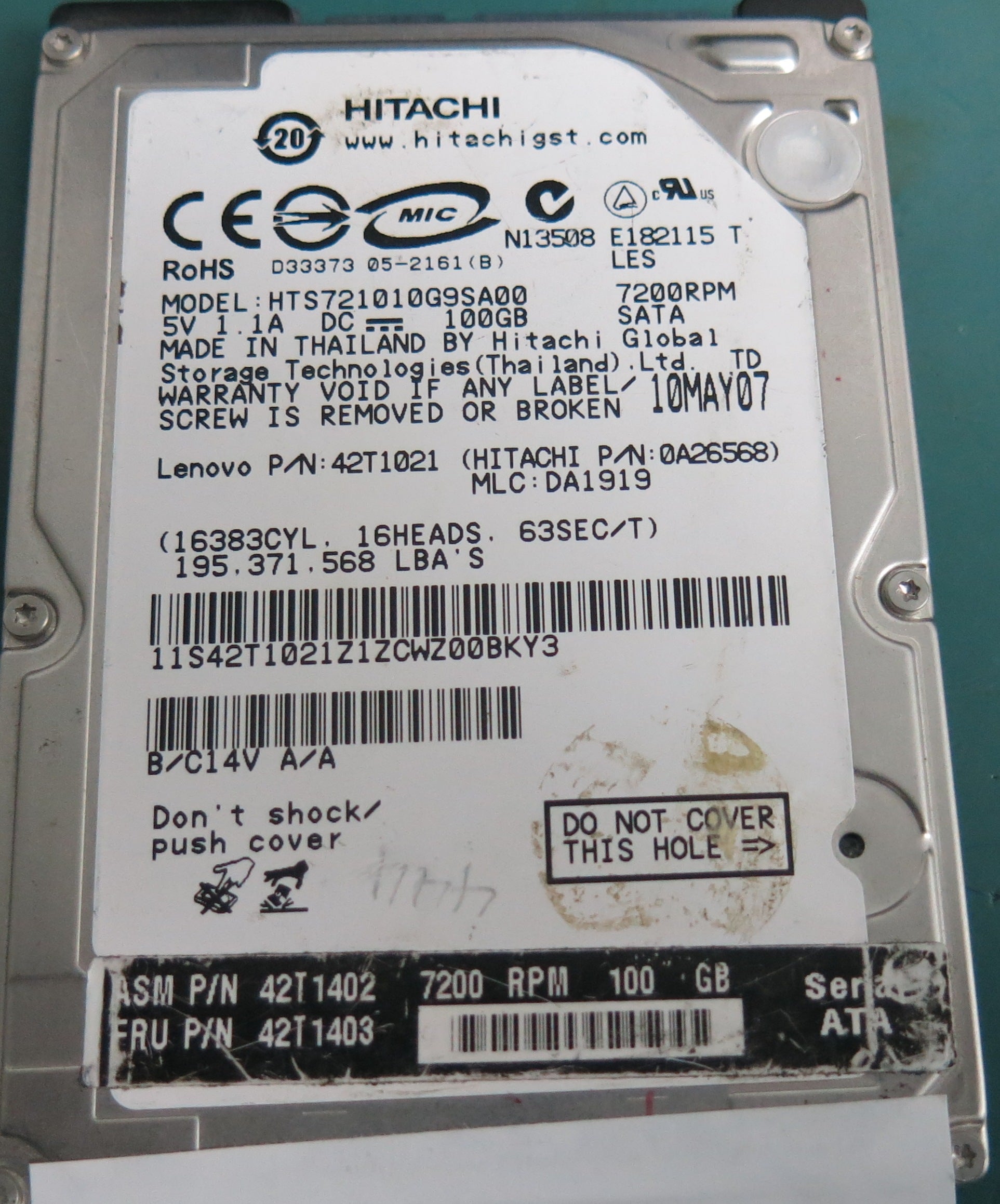 HTS721010G9SA00, P/N: 42T1021, MLC: DA1919, 100GB 2.5