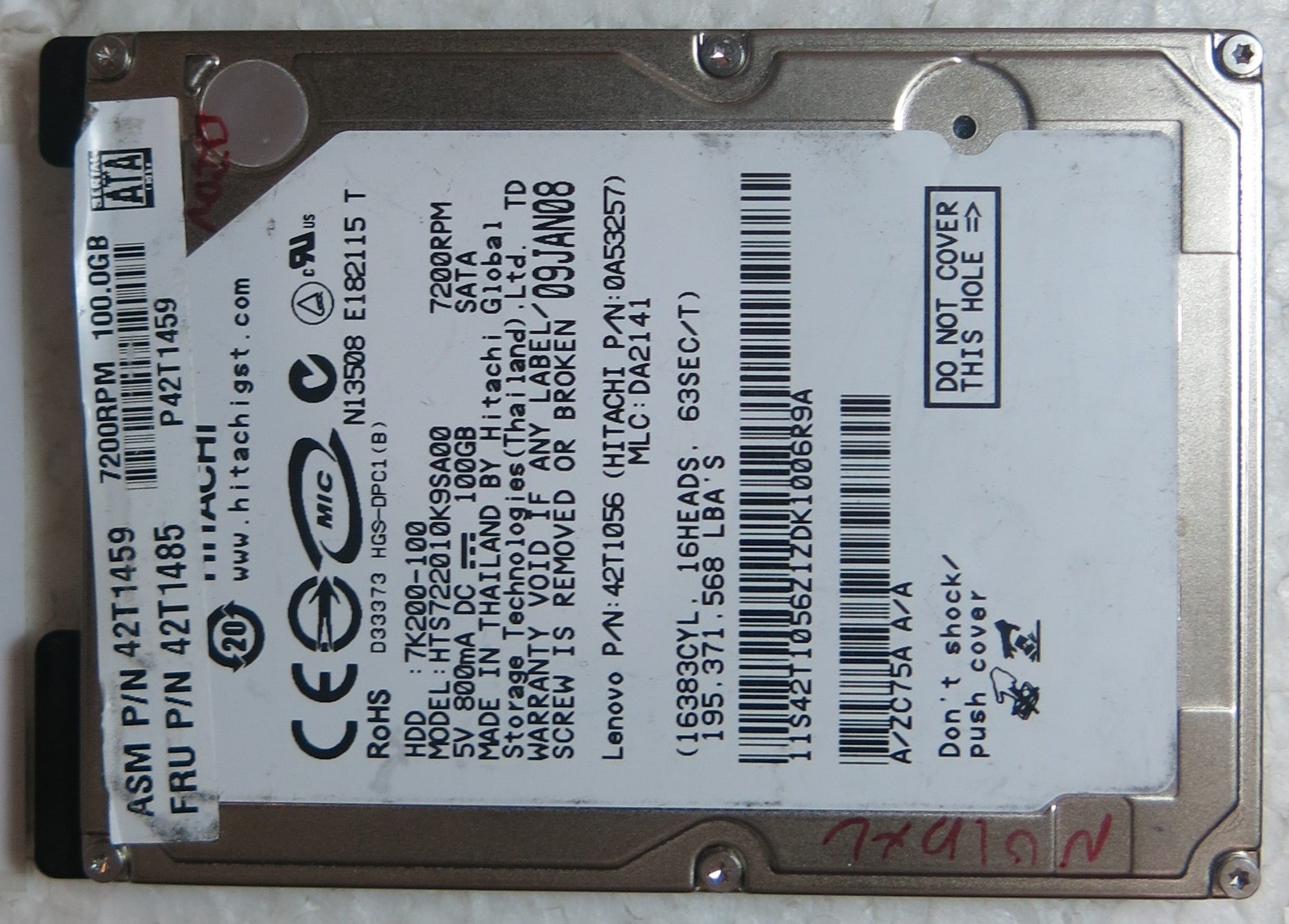 HTS722010K9SA00 PN 42T1056 MLC DA2141 220 0A90002 01 PCB