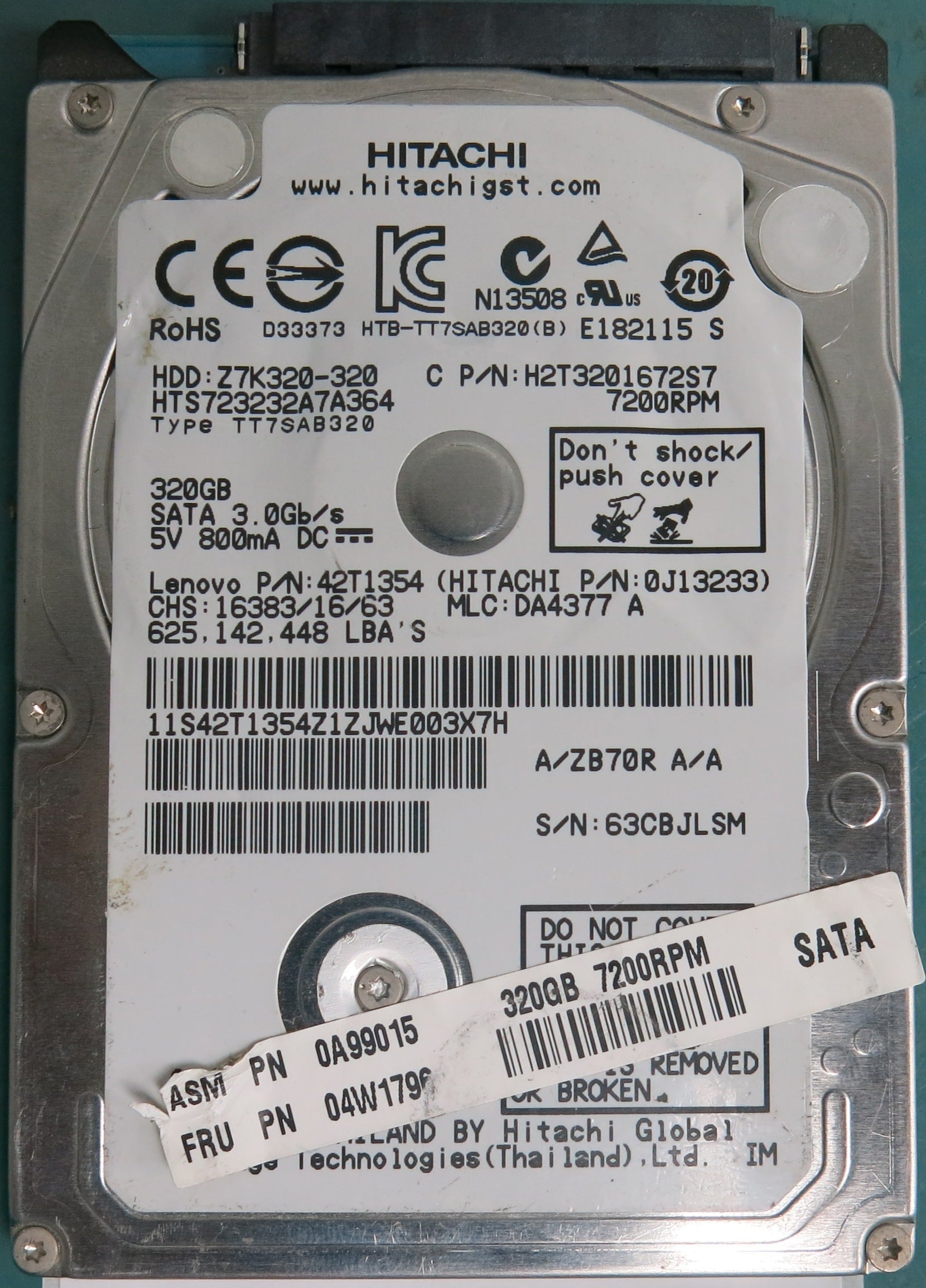 HTS723232A7A364, Serial Number: 11S42T1354Z1ZJW003X7H, P/N: 42T1354, MLC: DA4377 A, 320GB 2.5, PCB: 220 0A90269 01