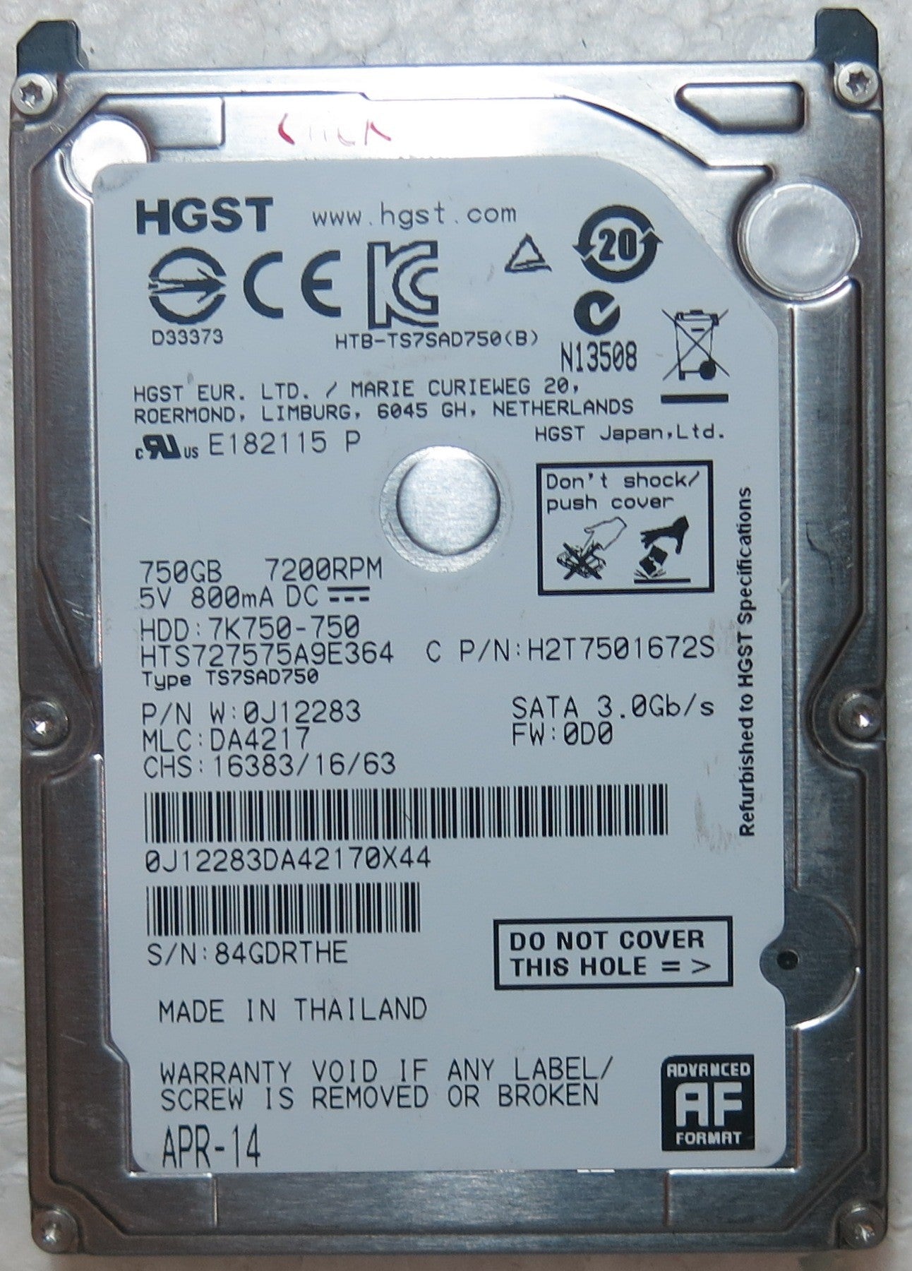 HTS727575A9E364 PN 0J12283 MLC DA2417 220 0A90269 01 PCB