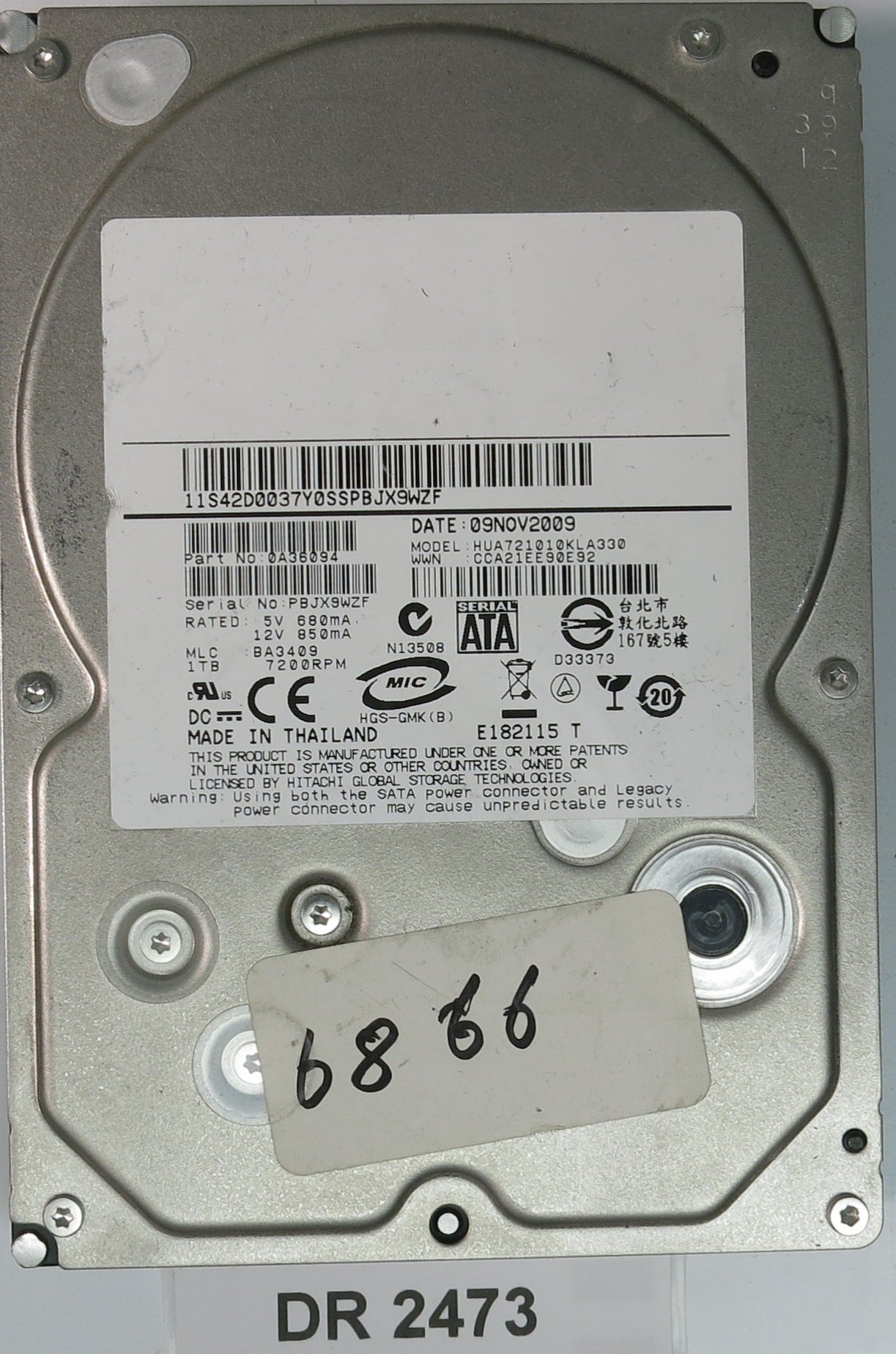 HUA721010KLA330, Serial Number: PBJX9WZF, P/N: 0A36094, 1TB 3.5, PCB: 110 0A29636 01