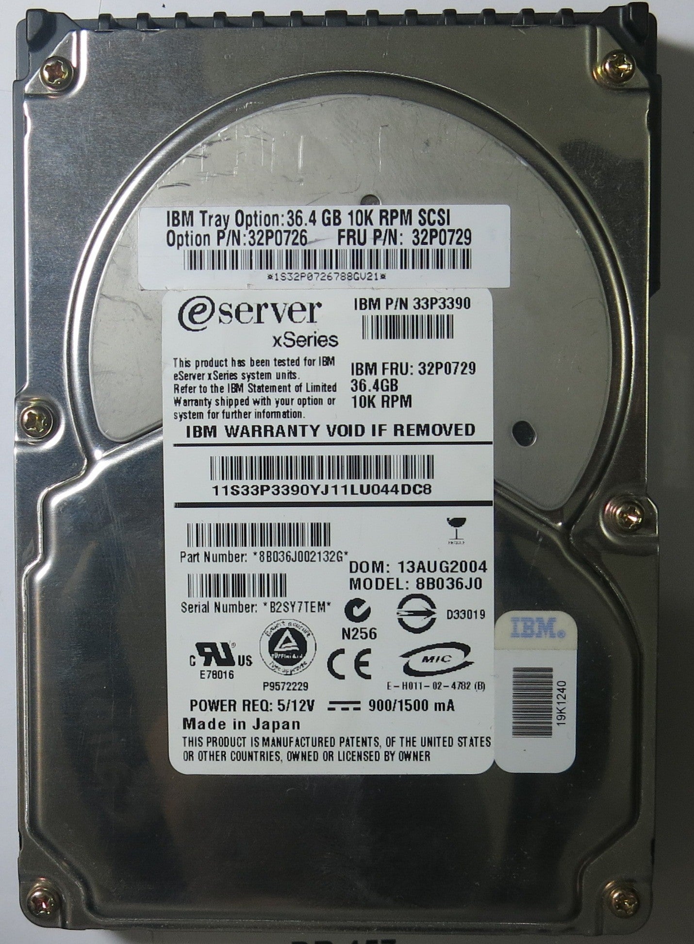 IBM 8B036J0 PCB: 3015773 SERIAL NUMBER: B2SY7TEM PN 33P3390 36.4GB