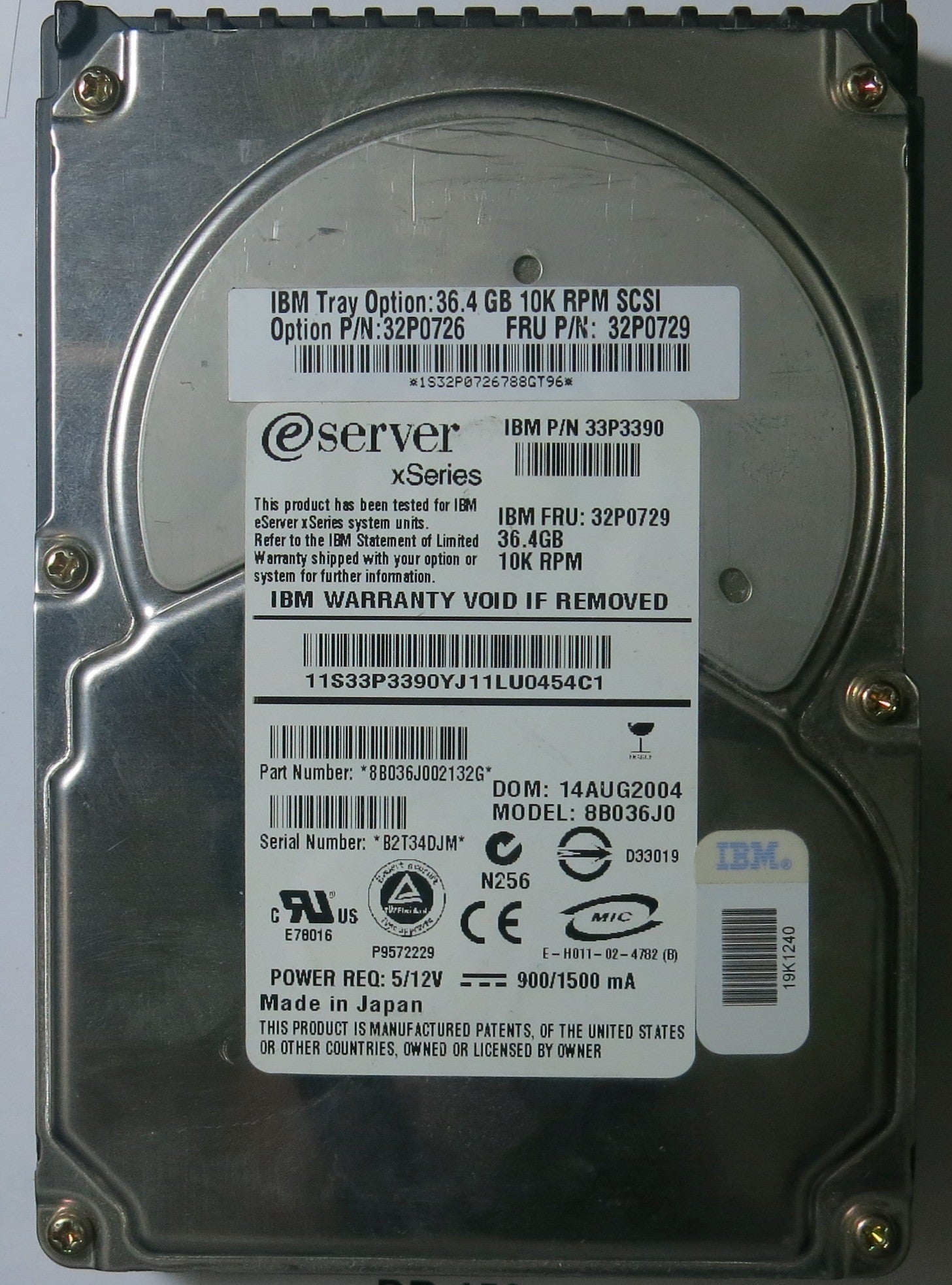IBM 8B036J0 PCB: 3015773 SERIAL NUMBER: B2T34DJM PN 33P3390 36.4GB