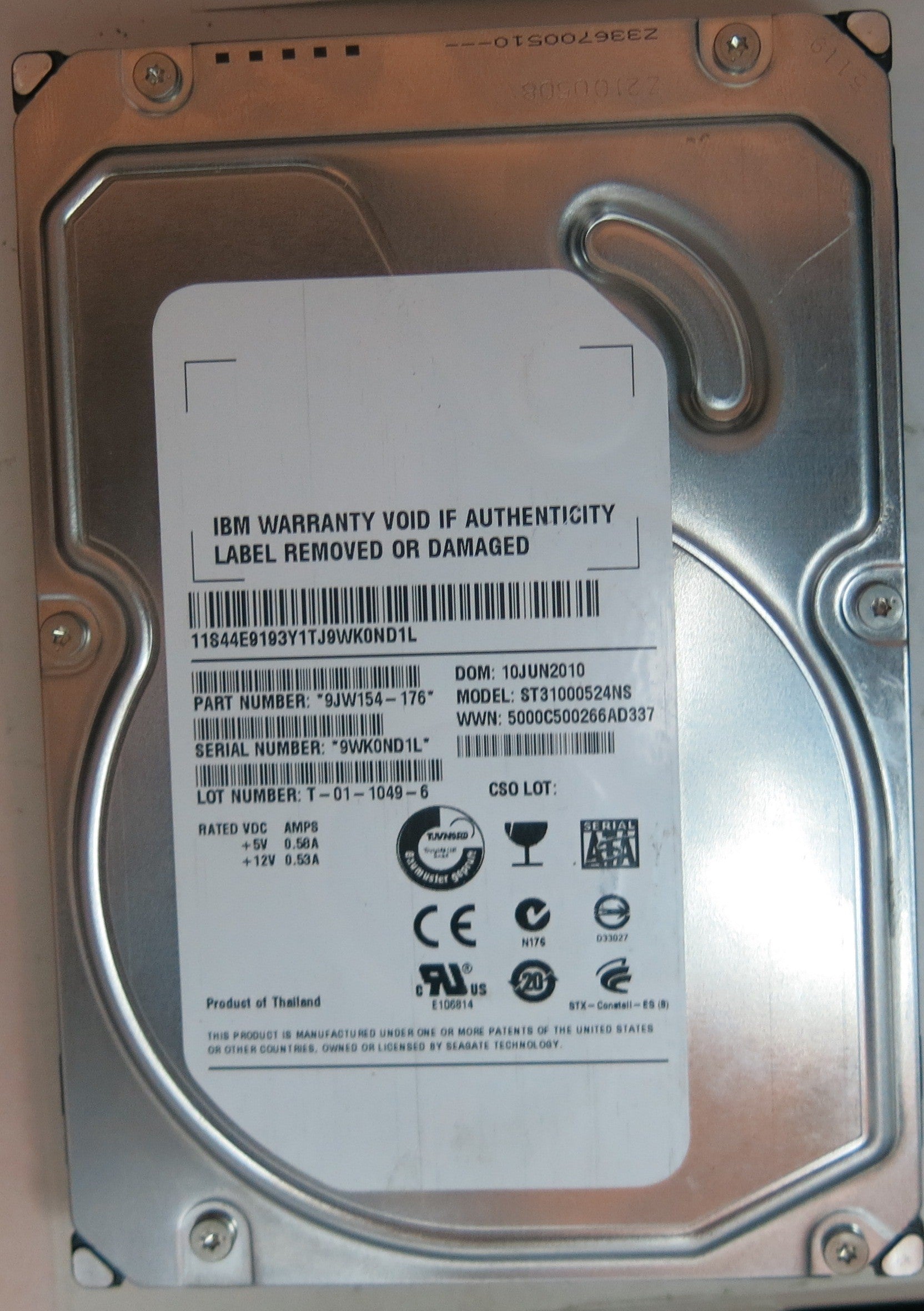 ST31000524NS,  Serial:9WK0ND1L,  1TB 3.5,  PCB:100579470- REV B