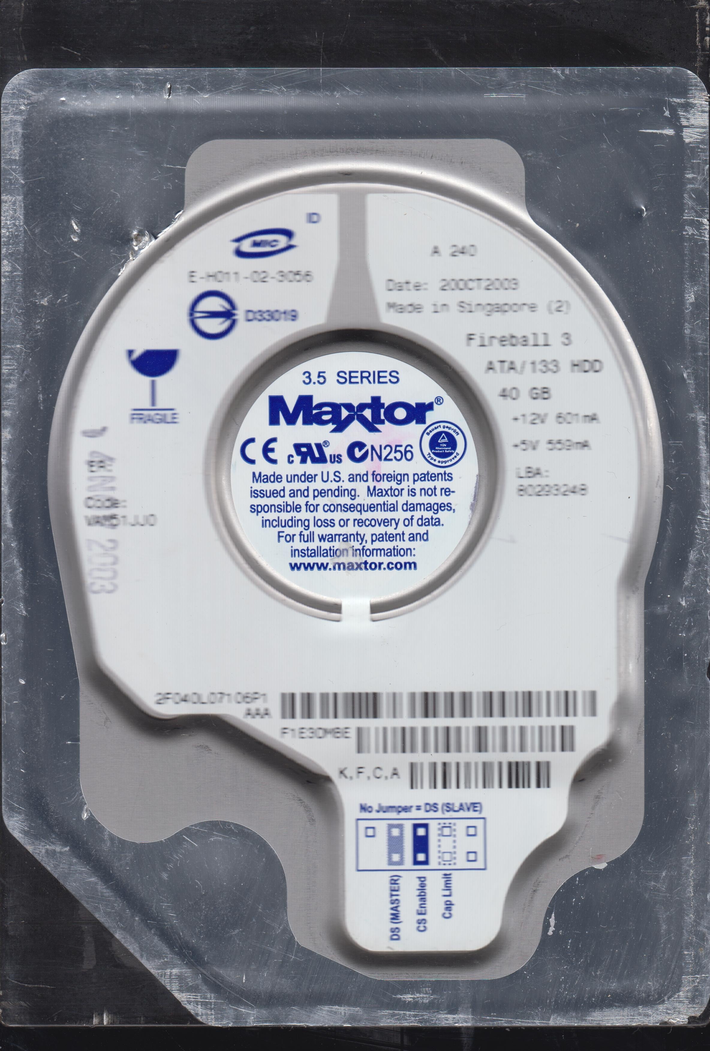 MAXTOR 2F040L0 CODE VAM51JJO K,F,G,A 40GB 3.5 SN: F1E3DMBE