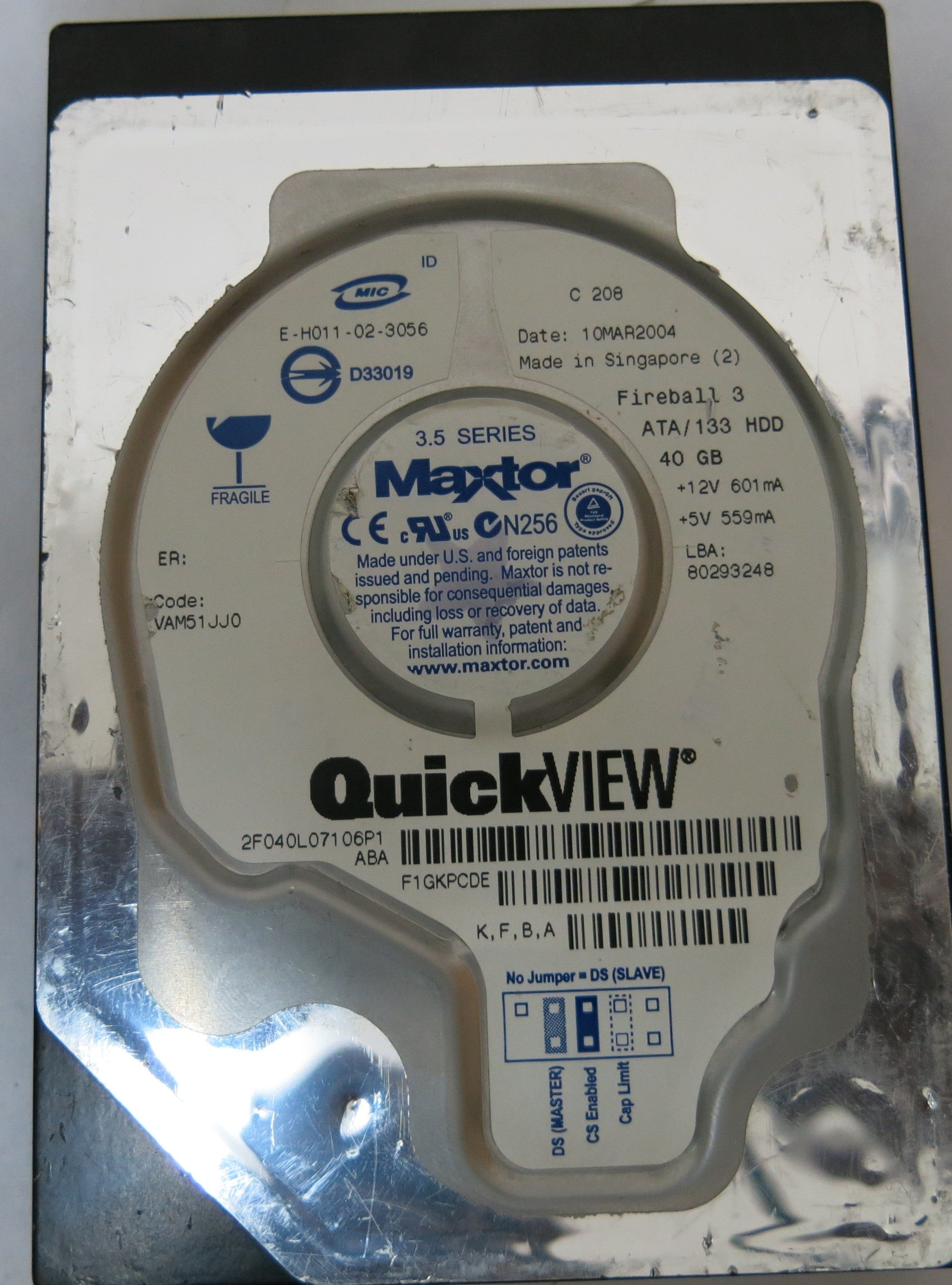 2F040L07106P1,Serial:F1GKPCDE,40GB 3.5