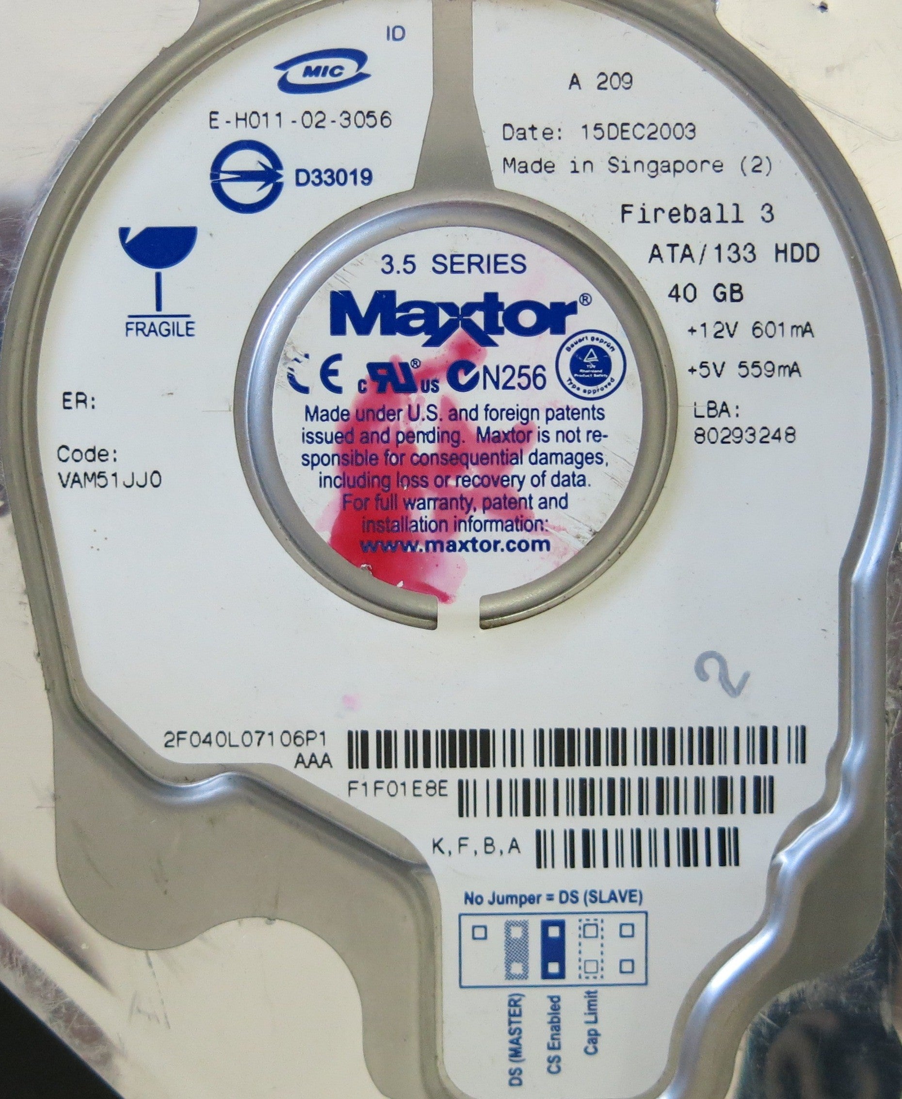 MAXTOR 2F040L07106P1 301525101 PCB CODE VAM51JJ0 K,F,B,A