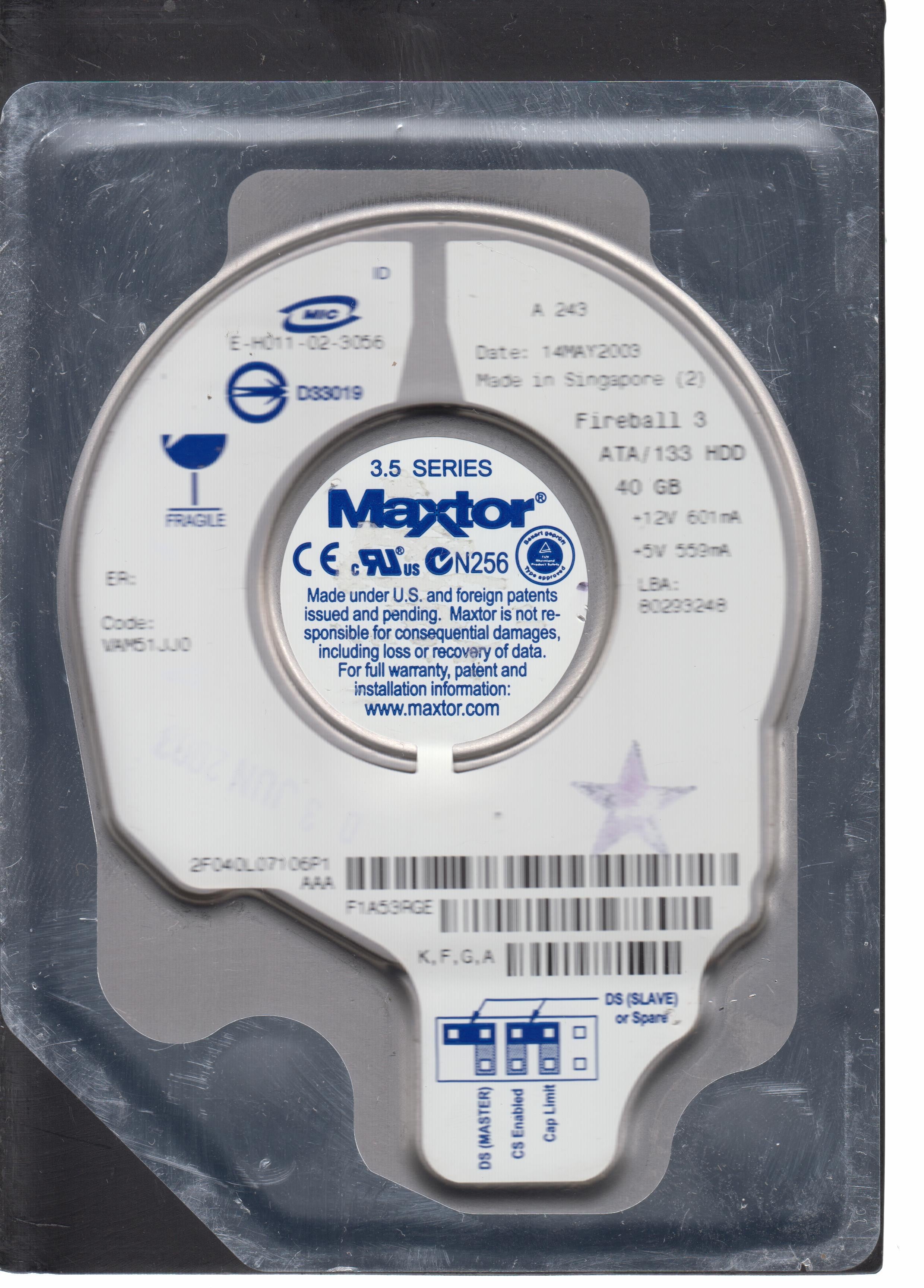 2F040LO, CODE:VAM51JJ0 K,F,G,A 40 GB 3.5"