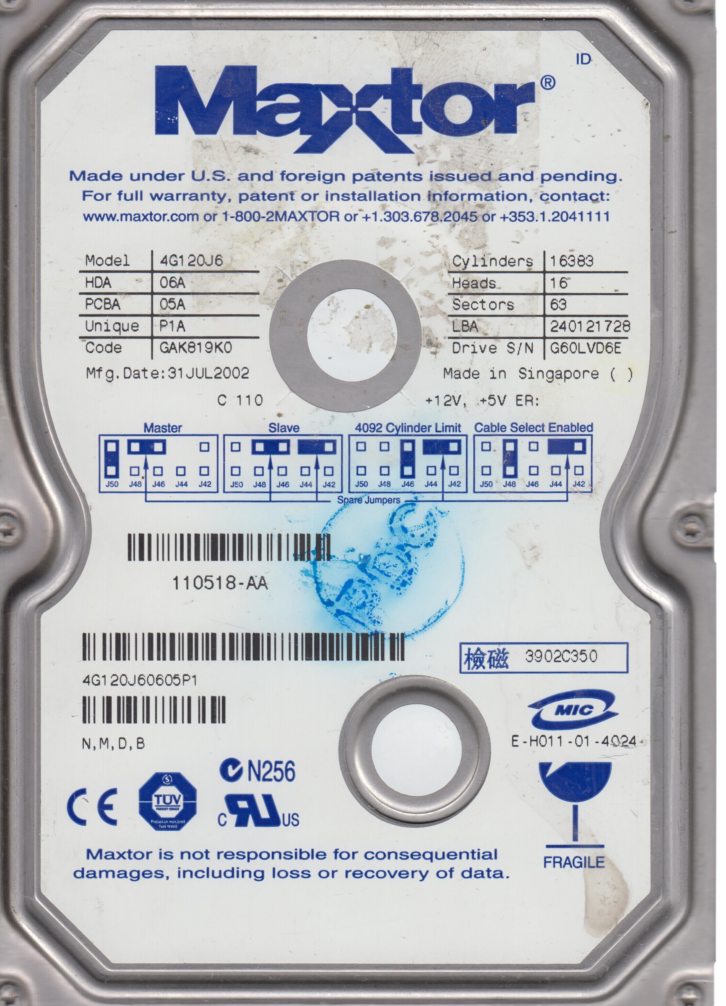 Model: 4G120J6, PCB: 301424100, Serial: 110518-AA, 120GB